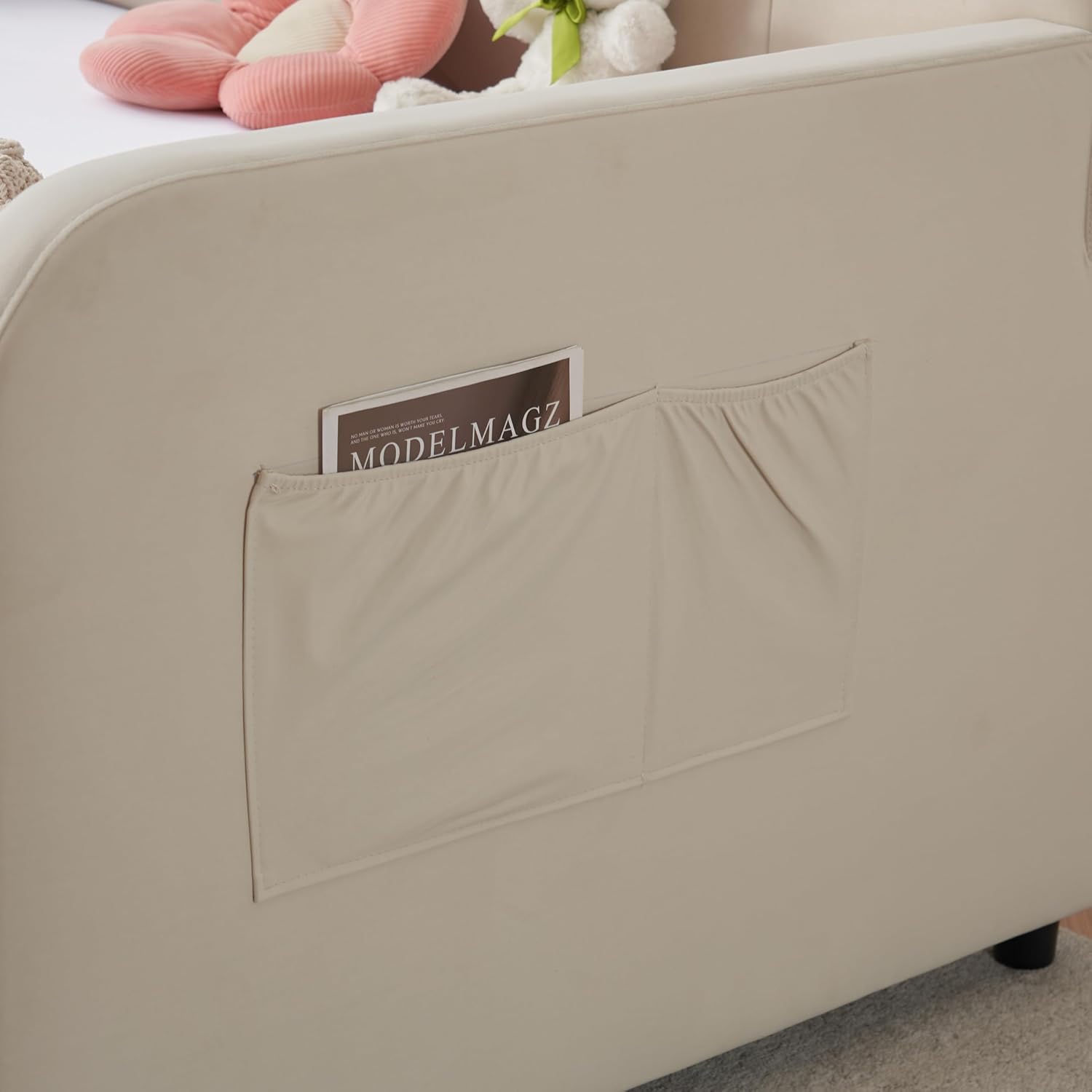 LUMISOL Twin Size Daybed with Trundle, Velvet Day Bed Frame with Side Pocket and USB Ports, No Box Spring Needed, Beige