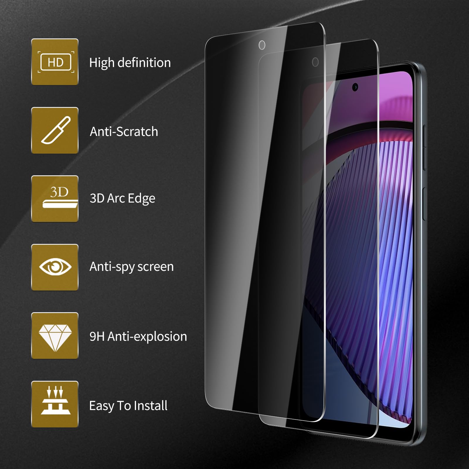 Ochraniacz ekranu do Motorola Moto G Power 5G 2023 z 3 osłonami obiektywu aparatu, hartowane szkło hartowane o twardości 9H, czarny ochraniacz zapobiegający szpiegowaniu, odporny na