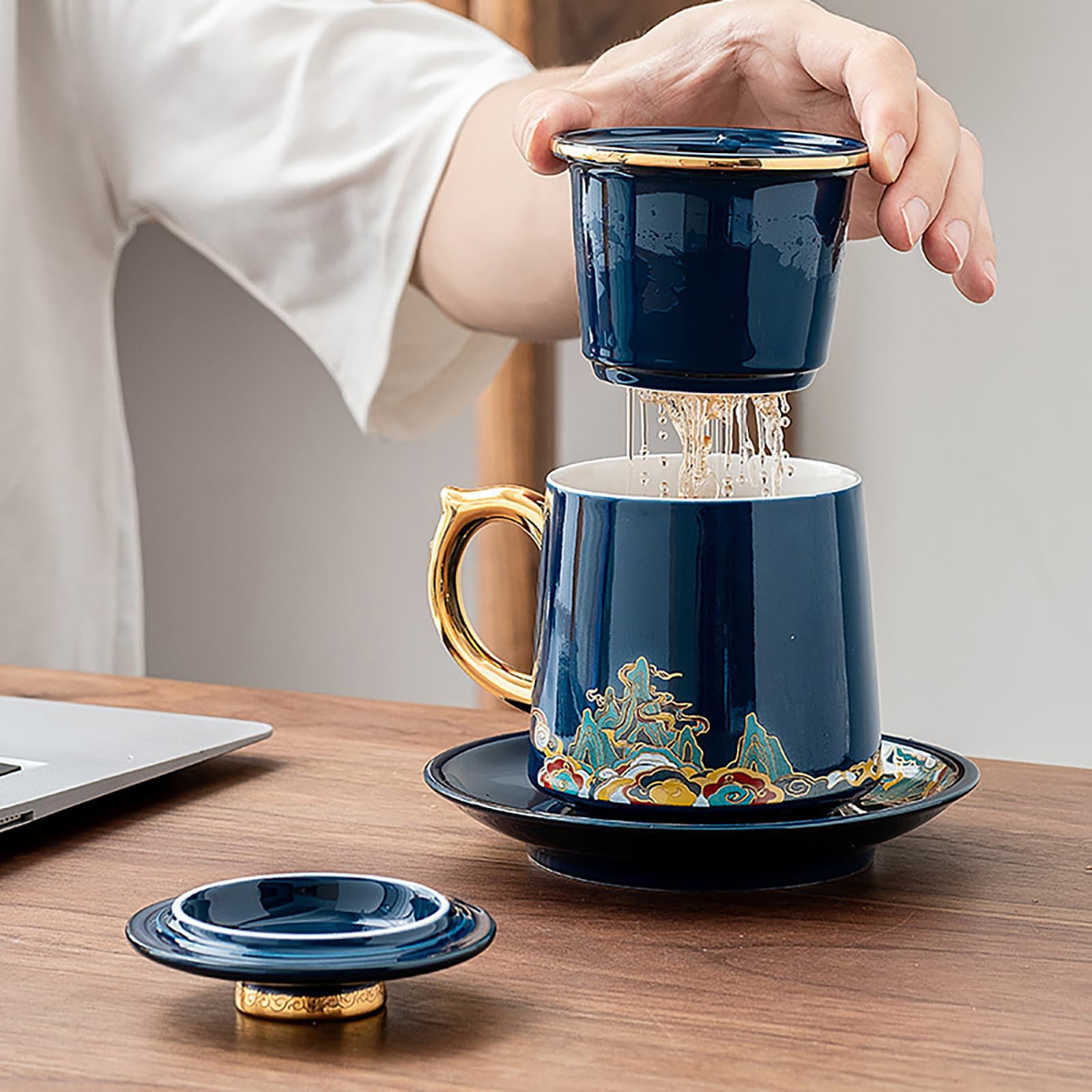 Tazza con infusore e coperchio, per tè sfuso, per tè sfuso, tazza da ufficio, tazza in ceramica con coperchio, separazione del tè, tazze da tè per uso domestico (ciano)