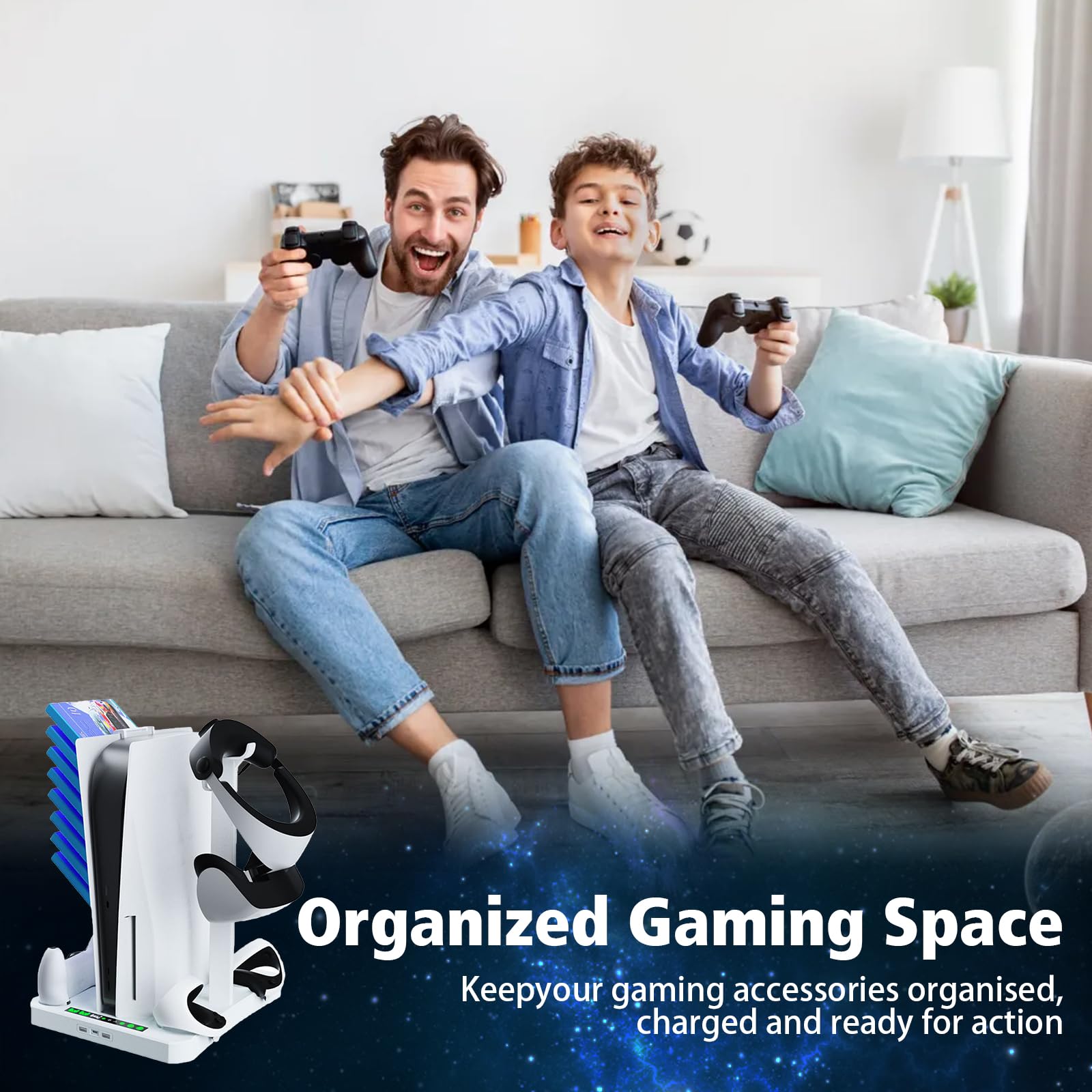PS5 & PS VR2 Ständer und Kühlstation Mit Controller Ladestation, 3 in 1 Ständer Mit 2 Kühlventilator für PS5 und VR2, Headset Halterung, Zubehör