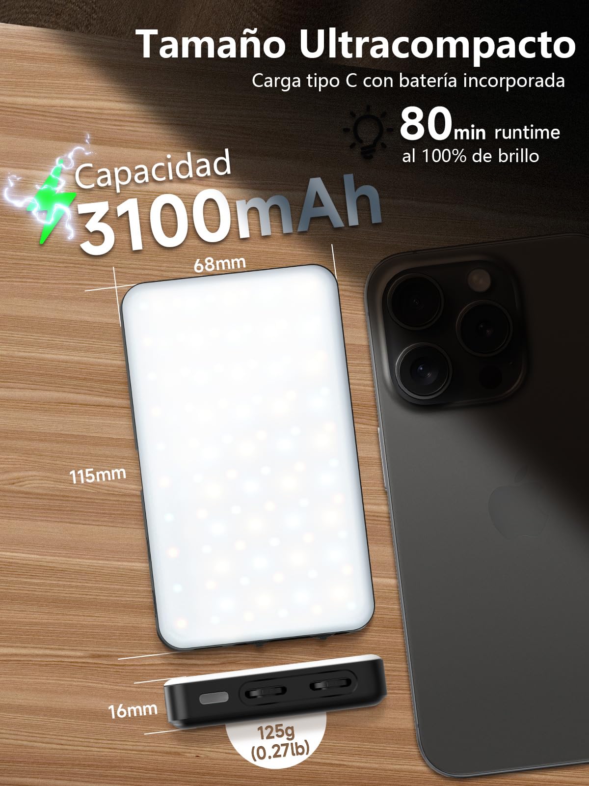 Moman PC8 Antorcha LED RGB Fotografia Portátil de 125g con Batería Recargable Iluminación Vídeo para DSLR Reflex, Foco-Cámara-Antorcha-Video-Led