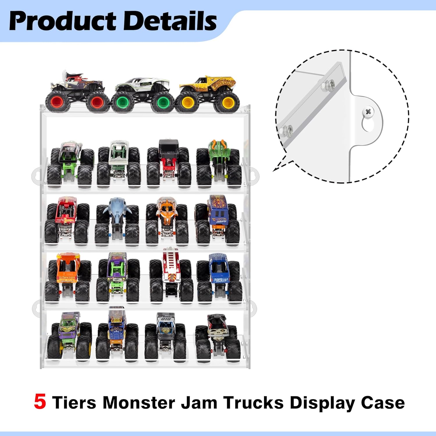 Assembly Monster Trucks Display Case Holding for 20 Monster Trucks Acrylic Storage Case 5 Tiers Monster Trucks Organizer with Tilted Design, Display Case for Toy Trucks (2-Pack Transparent)