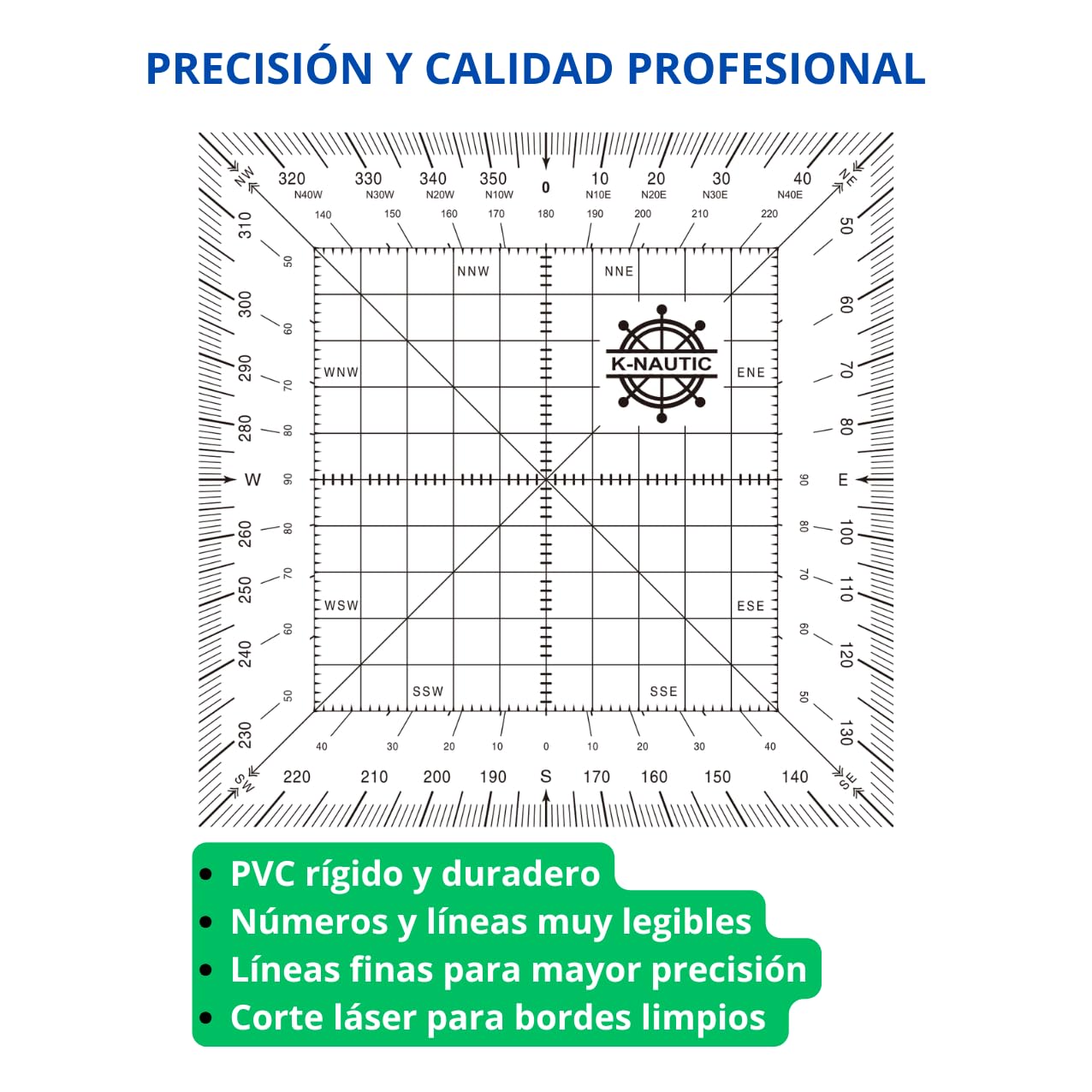 Transportador de Ángulos Náutico Cuadrado 150x150 mm Regla Profesional para Medir Rumbos y Demoras