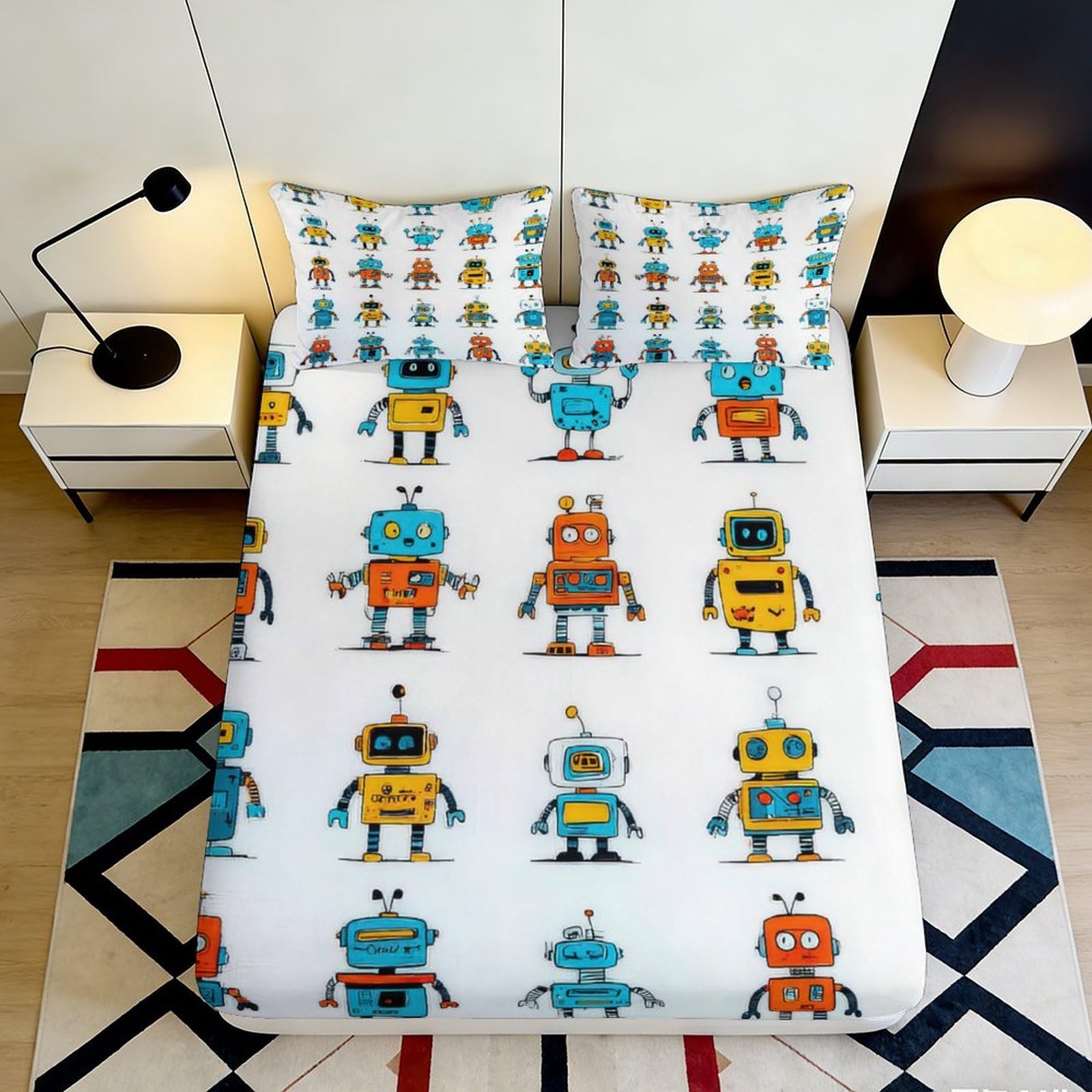Jqzkxnhpbr Style-3 3D Printed Colourful Robot Fitted Sheet Microfiber Non-Slip Cartoon Bed Cover For Bedroom Guest Room Decor Easy Care 90X200x25cm