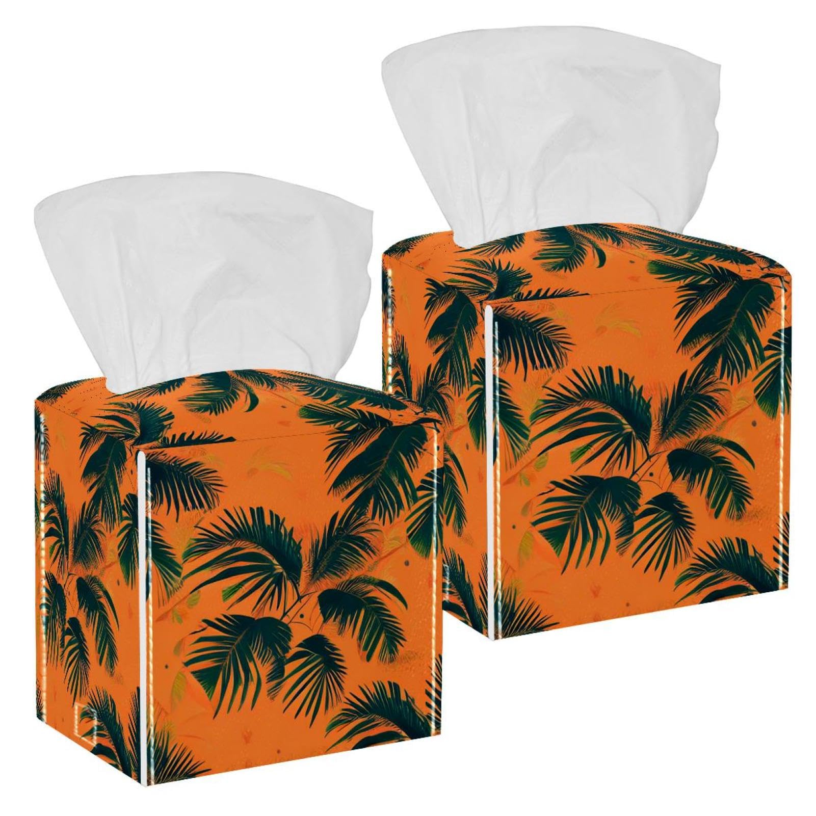 Coconut Leaves Tissue Box Cover, 2 Pack PU Leather Square Facial Tissue Dispenser Box holder for Home Office Car