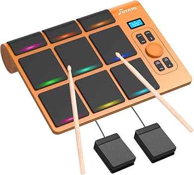 9 Pads Electronic Drum Pad, Electronic Tabletop Drum Set for Beginner, Portable Digital Drum Kit with Velocity Sensitivity, LED Drum Pad Lights, MIDI Support for Mac & PC, Orange