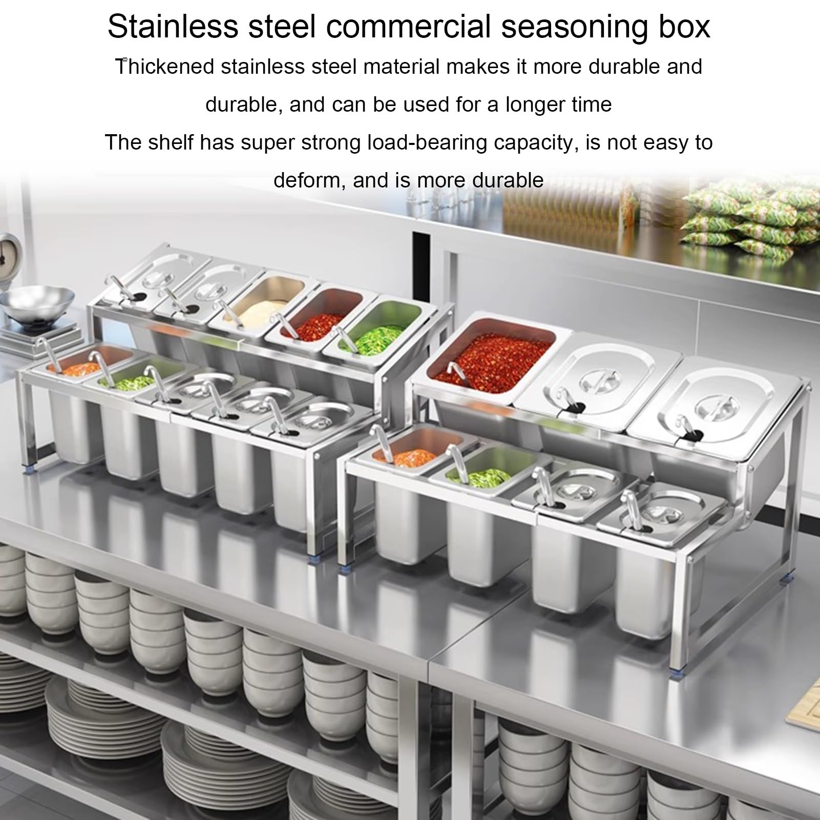 Estante para especias comercial, condimentos inclinados de acero inoxidable de doble capa, salsa de especias contenedor de ingredientes de mermelada de ensalada para cocina bar restaurantes