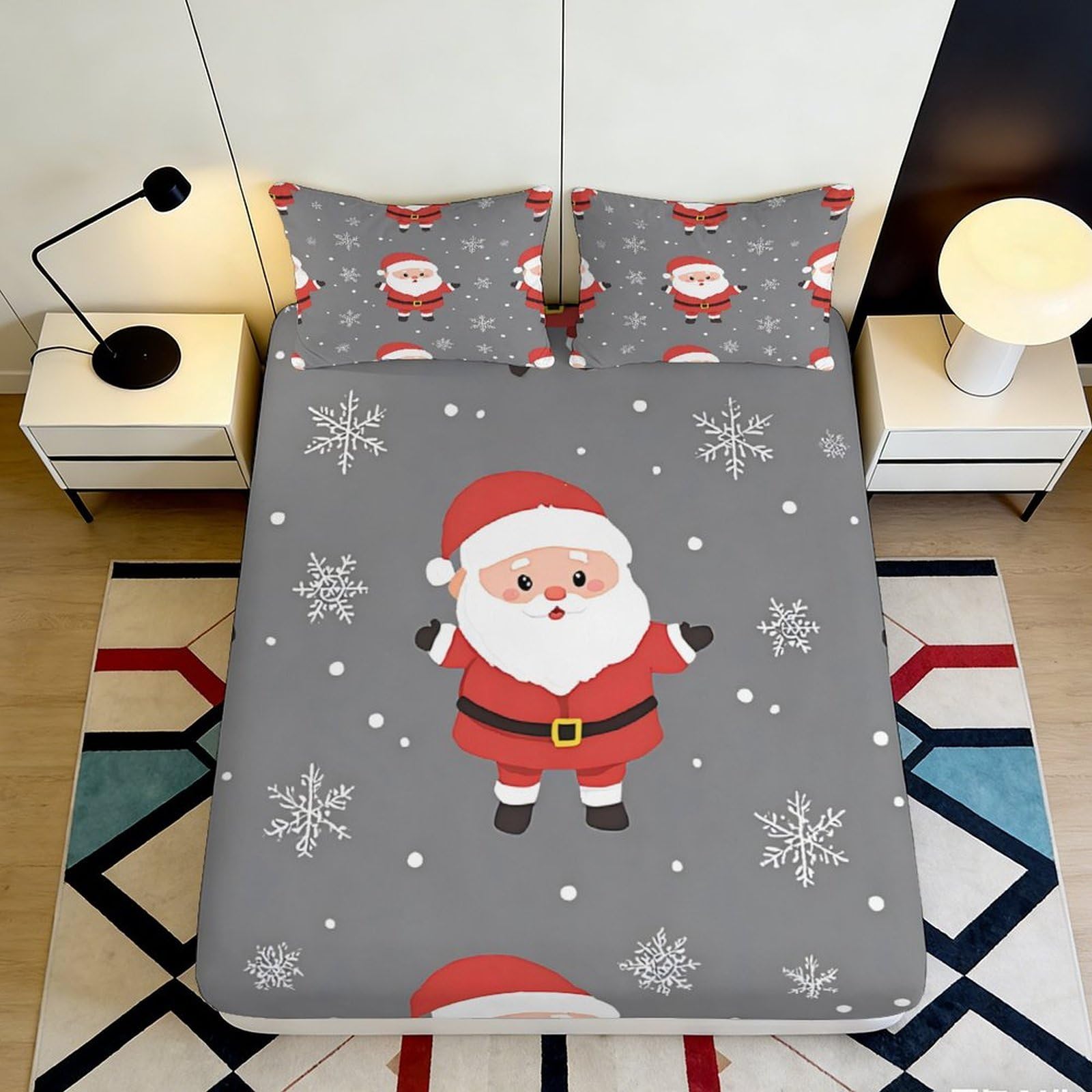 3D Printed Santa Claus Snowflake Fitted Sheet Microfiber Grey Christmas Mattress Cover Non-Slip Bedroom Decor for Home Guest Room 120x200x25cm