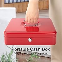 Vista 7 de Jssmst Caja de Efectivo con Bandeja de Dinero y Cerradura - Caja de Efectivo Roja con Cerradura de Llave, Caja de Dinero Segura Grande, Cajón