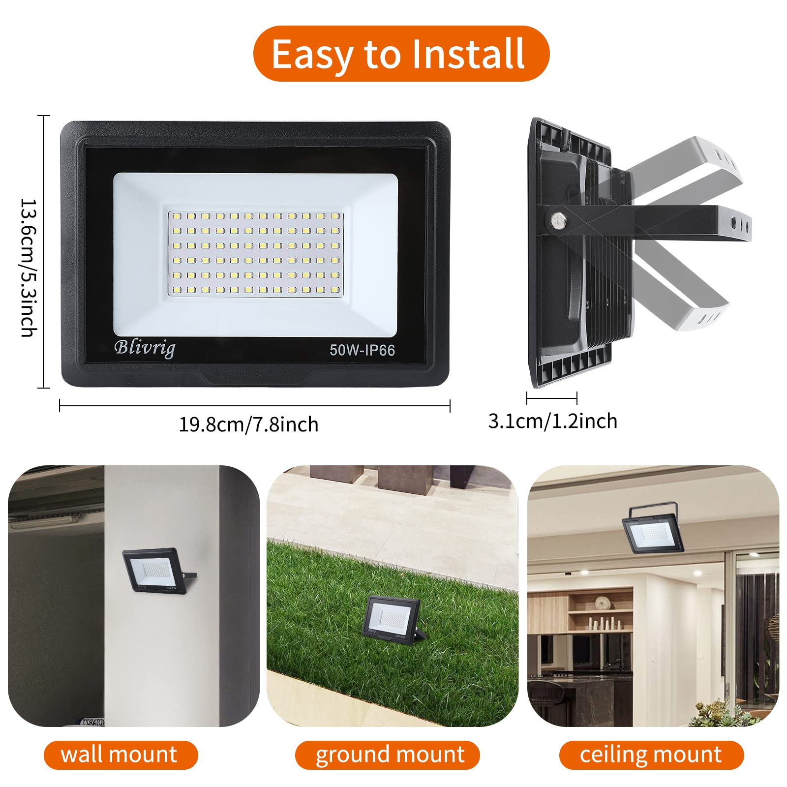 50W Focos LED exterior 6000K Blanco Frío, 5000LM Foco LED Pared, Blanca Fría IP66 Impermeable, para Patio, Terraza, Garaje, Jardín