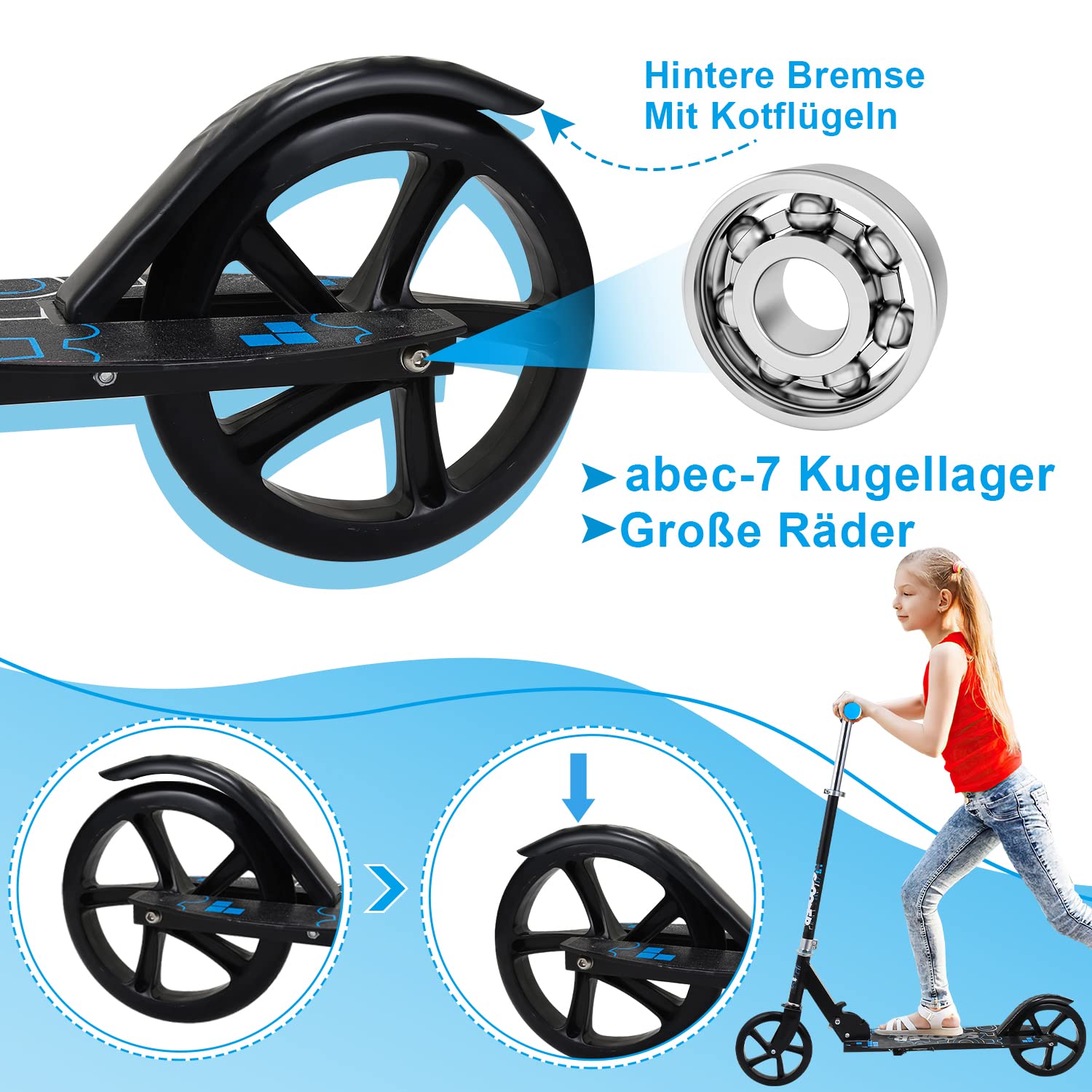 Sonnewelt Monopattino per bambini, con ruote Big Wheel, regolabile in altezza e scooter per adulti, con portata fino a 100 kg, per età 3 e superiori