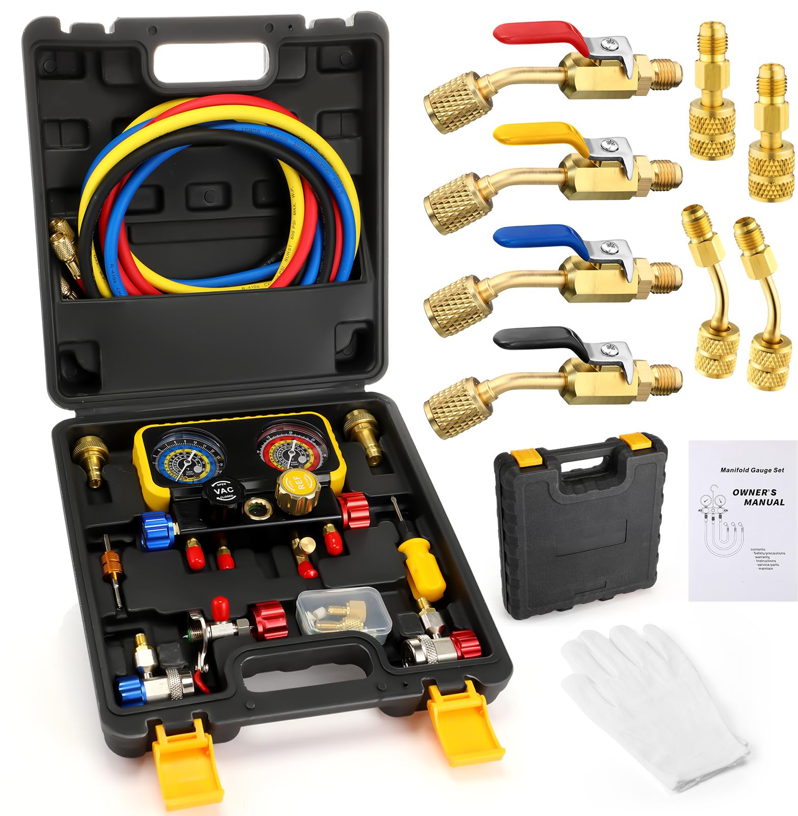Tellegloww AC R1234YF R134A Gauge Set AC Gauge Set, Automotive 4 Way AC Manifold Gauge Set Compatible with R1234YF R134A and R404A Refrigerants HVAC Gauges with Hoses for Car Charging and Evacuation