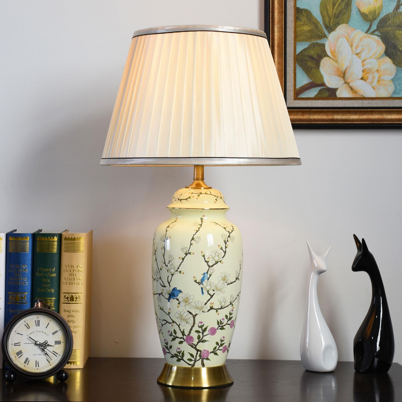 SGKOMN Flower & Bird Ceramic Table Lamp,Hand-Painted Chinoiserie Lamp, Fabric Lampshade Nightstand Lamp For Bedroom Living Room Office College Bookcase-A-S