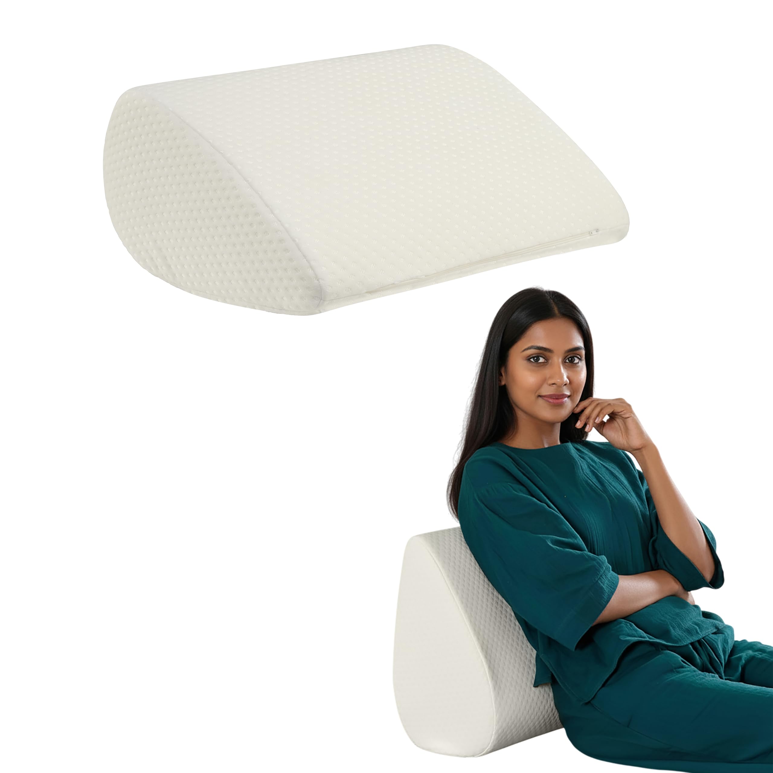 Wakefit Memory Foam Curved Wedge Pillow | Soft, Washable Cover | Multi-Purpose Support for Back Relief, Leg Elevation & Knee Comfort | White 1