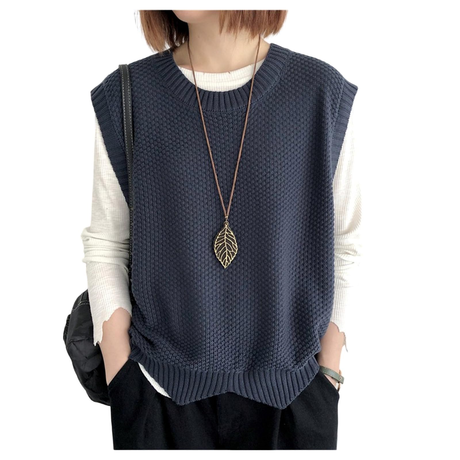 Chejooe Unisex Dark Blue Women's Knitted Vest Knitwear Sweater Vest Knit Jumper Loose Round Neck Sleeveless Jumpers Tank Top (Color : Size : M)