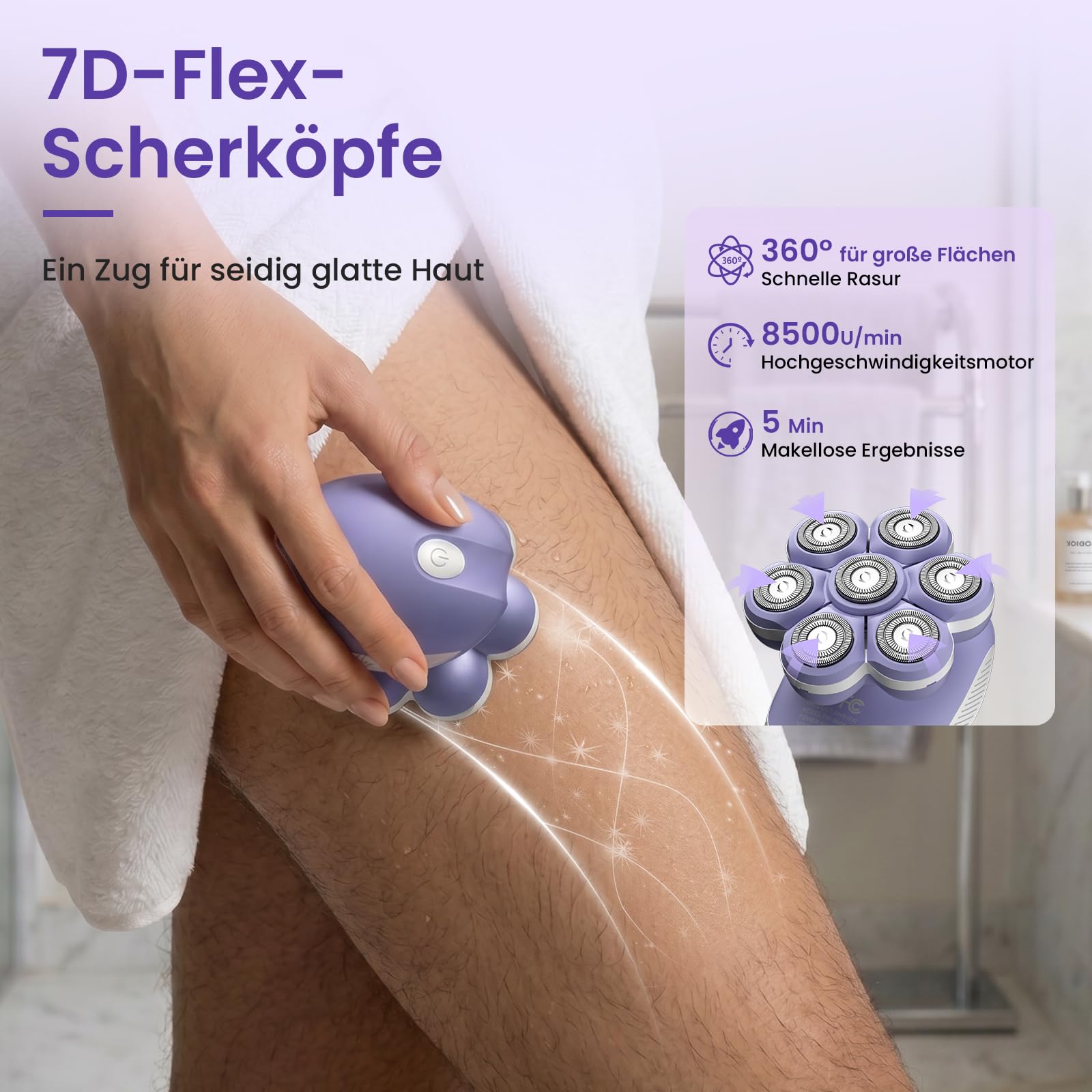 VIKICON 7D Damenrasierer Elektrisch mit Flex-Scherkopf für Beine und Körper | Wiederaufladbarer Körperrasierer für Damen zur Haarentfernung, Reisefreundlich, Nass- und Trockenrasur, LED-Licht, Lila