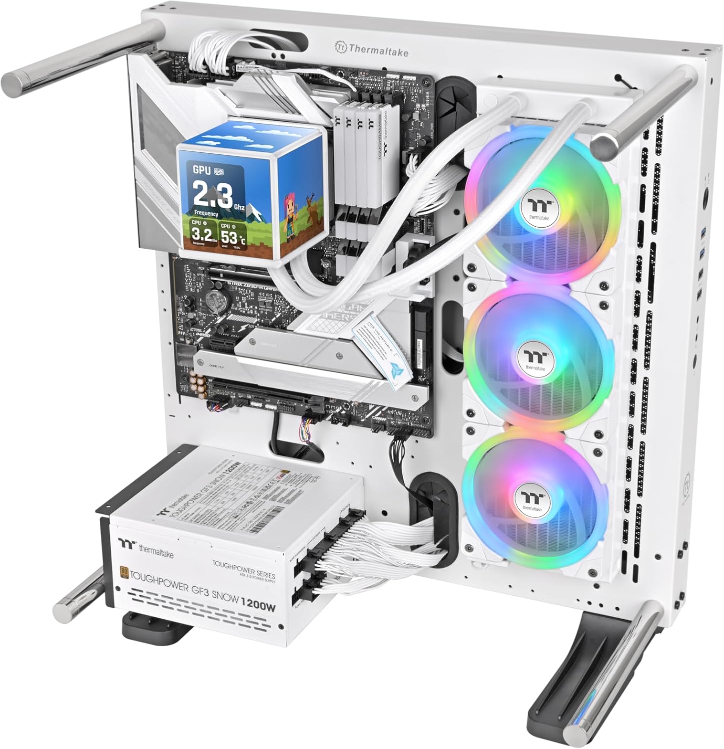 Thermaltake MINECUBE 360 Ultra CPU Liquid Cooler; Intel/AMD Compatible; 3x120mm 500~2000rpm SWAFAN EX ARGB;MAGForce 2.0. 4X 3.95 TFT LCD Screens; Swappable Fan Blades; Snow; CL-W482-PL12SW-A