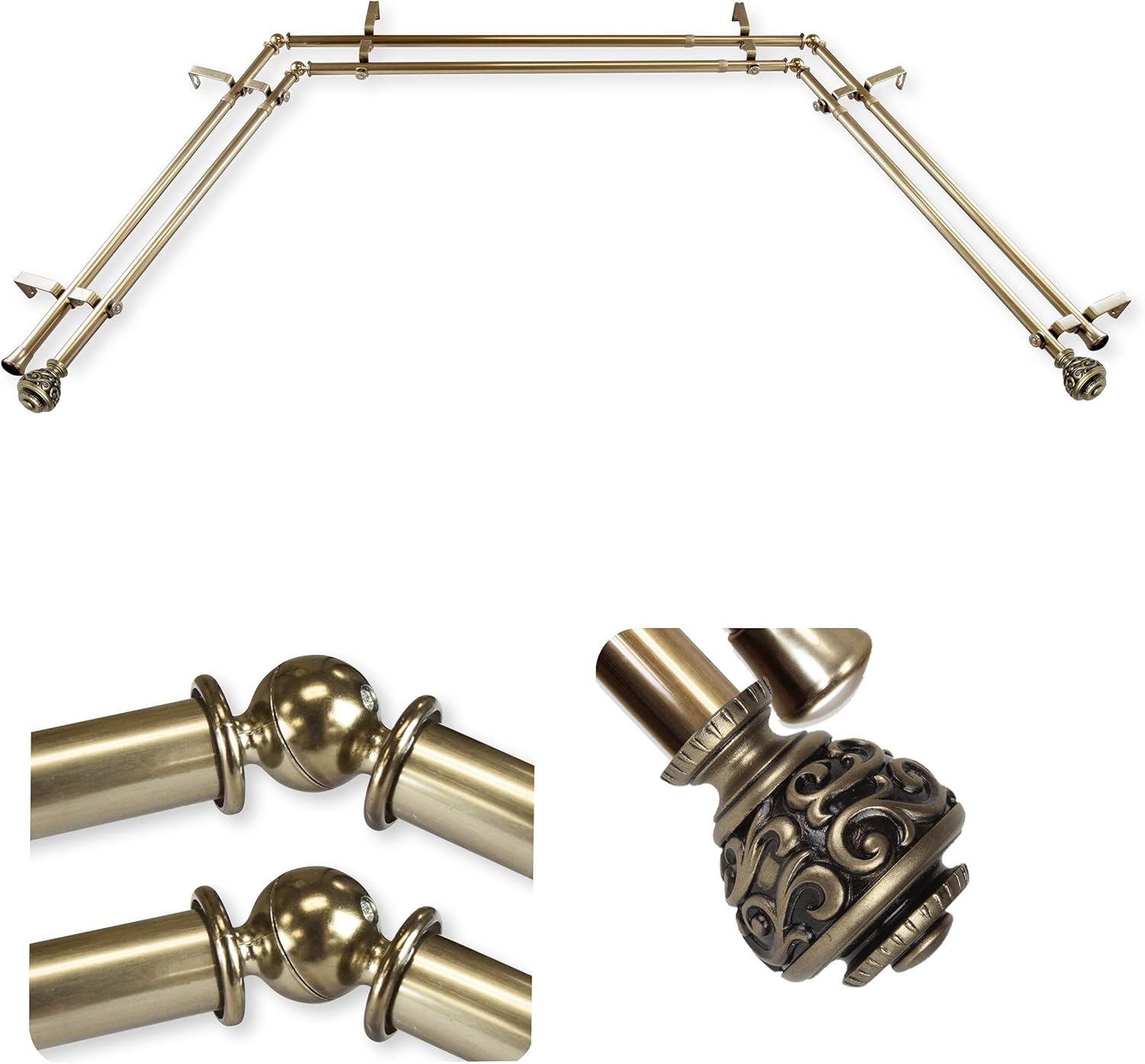 A&F Rod Décor - Jamila 13/16" Bay Window Double curtain rod 20"-36", 38"-72" - Antique Brass