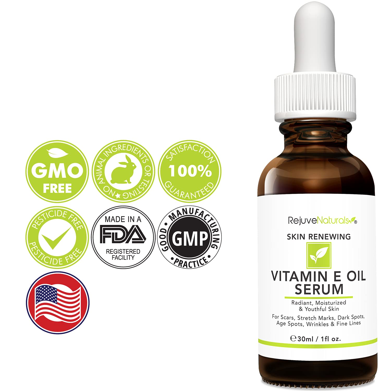 Vitamin E Oil Serum with Hyaluronic Acid, Retinol & Organic Aloe Vera. Visibly Reduce the Look of Scars, Stretch Marks, Dark Spots & Wrinkles for Hydrated & Youthful Skin. Face & Body Moisturizer, 1oz : Beauty & Personal Care