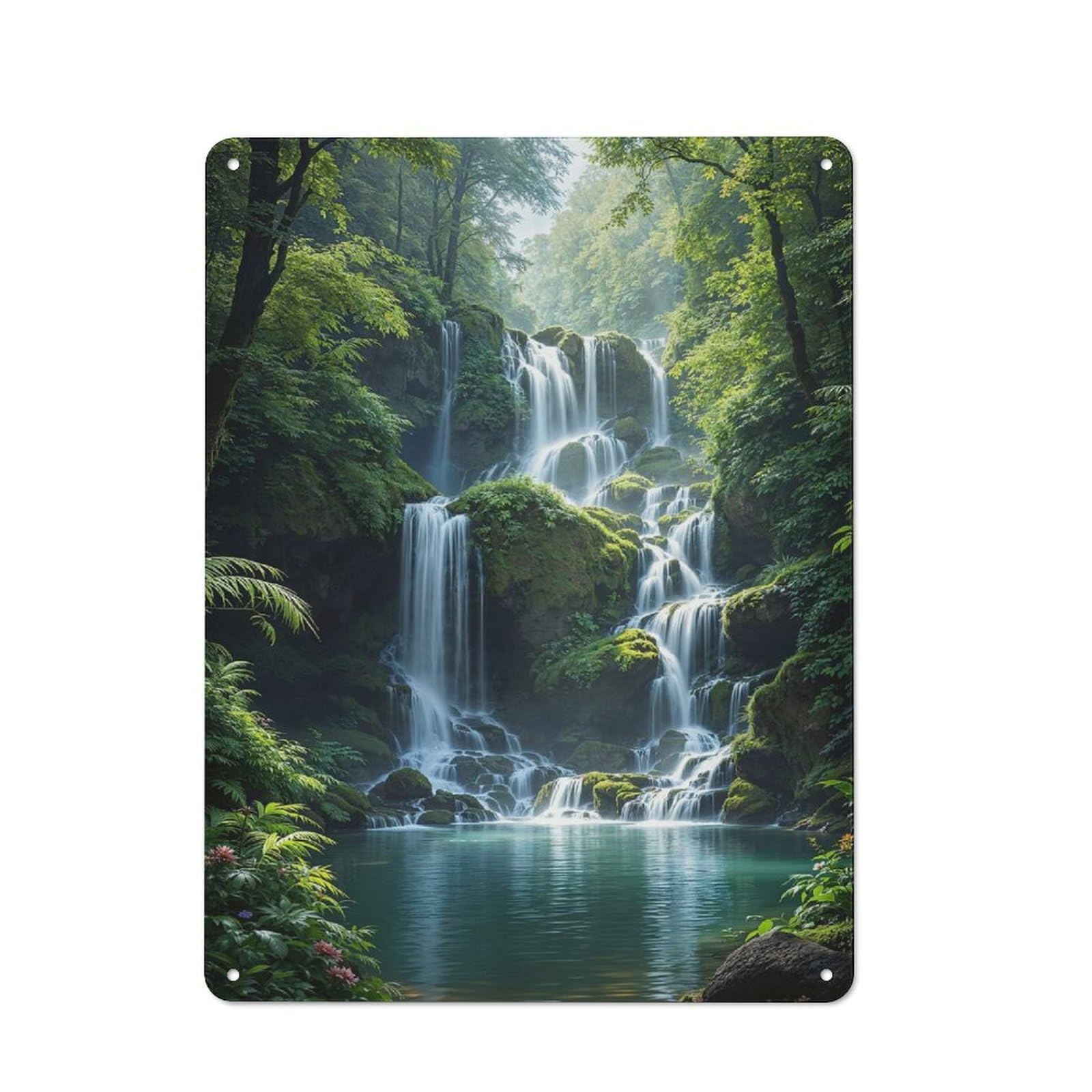 Junmoney Style-19 Country Metal Sign With Serene Waterfall In Lush Forest Design 40X30cm, Farmhouse Farmhouse Wall Decor For Kitchen, Cottage, Porch Or Garden Room