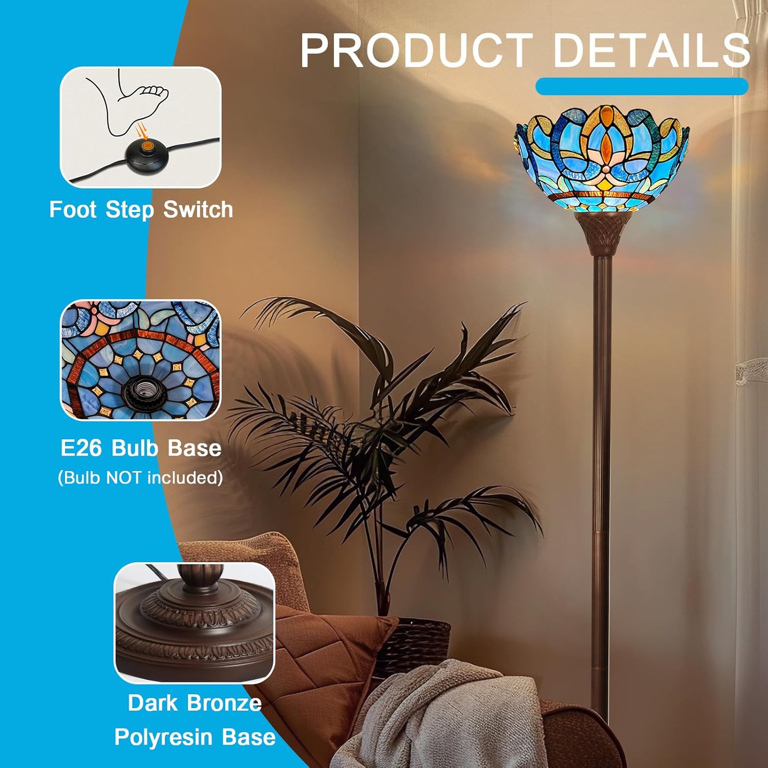 Capulina Tiffany Lamp Stained Glass Torchiere Floor Lamp 70 Inches Tall Industrial Dark Bronze Pole Antique Blue Brown Tiffany Style Standing Lamp for Living Room Bedroom Home Office