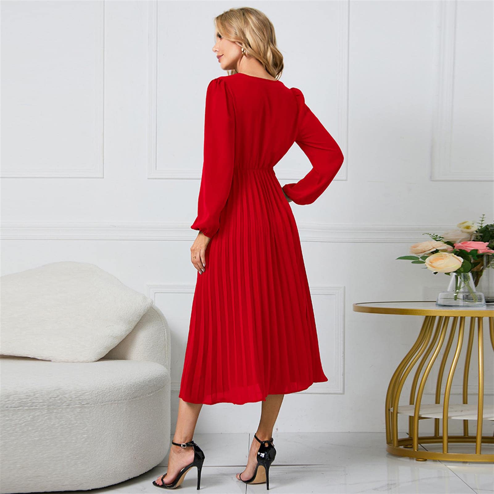 Vestidos para Mujer, Vestidos para Mujer, Manga Larga, Corte Ajustado, Cuello en V, Vestido Plisado, Falda Larga de Color sólido, Falda Acampanada para Fiesta