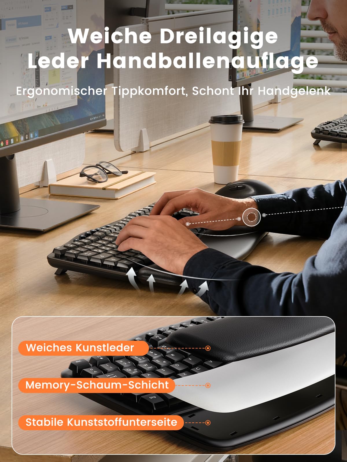 Juego de teclado y ratón inalámbrico, 30 dB silencioso, teclado ergonómico con teclas Wave y reposamuñecas suave, interruptor de sistema dual para Windows/Mac, ideal para equipos de negocios y oficina