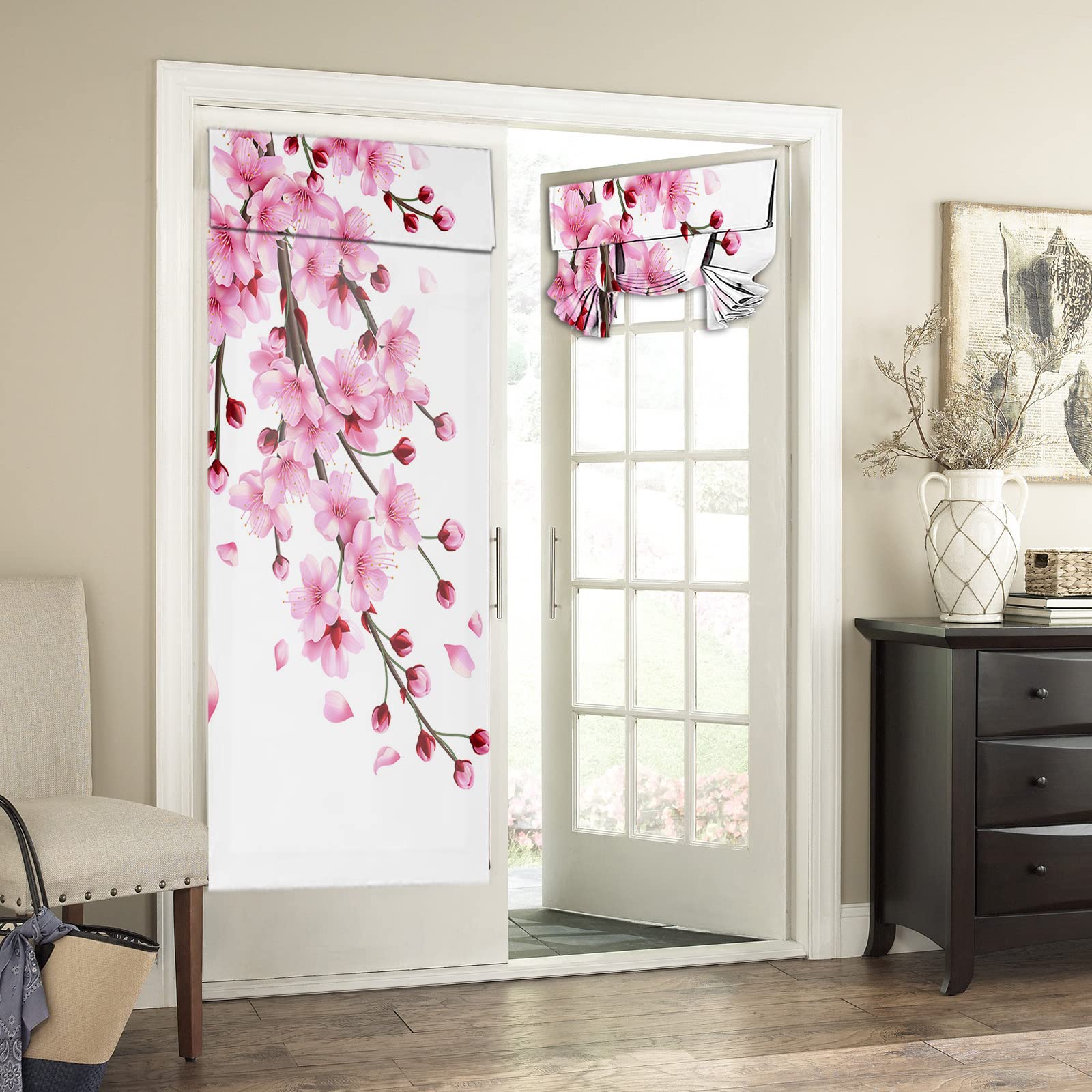 YOUNGKIDS Cherry Blossoms Flower French Door Curtains, Spring Pink Floral Door Curtains for Door Window, Privacy Thermal Insulated Tie Up Shade Door Window Covering for Bedroom Patio, W26xL70 inch