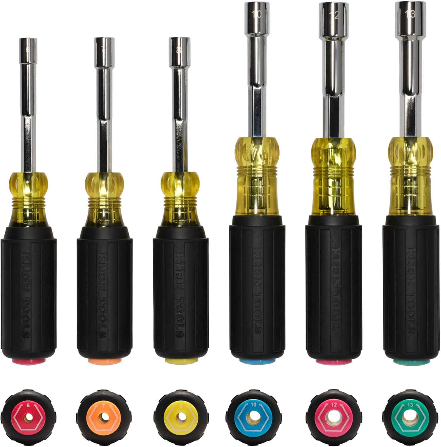 Klein Tools 65456M Metric Color-Coded Hollow-Shaft Nut Driver Set, 6-Piece, Heavy-Duty, Color-Coded Hex Sizes 6mm to 13mm, Cushion-Grip Handles, 6-Piece