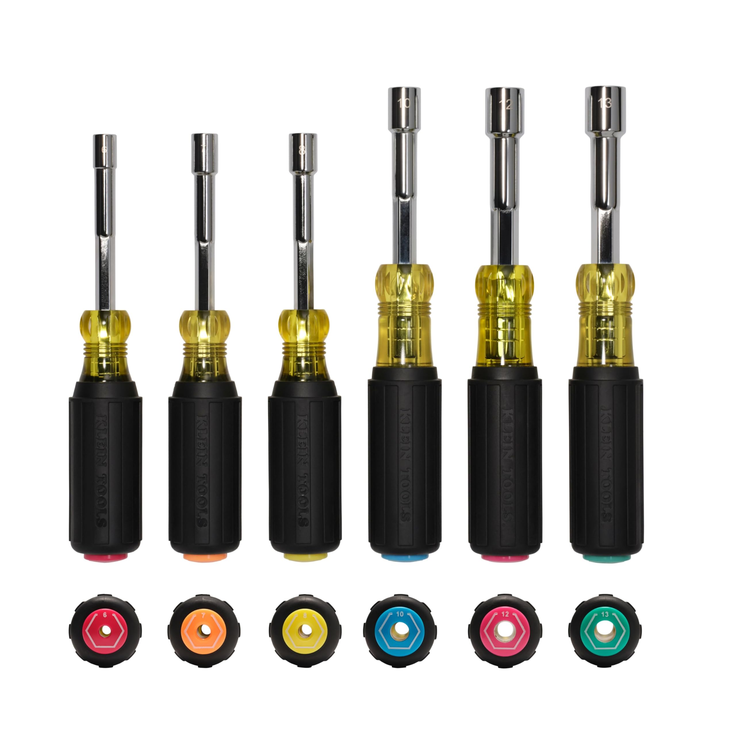 Klein Tools 65456MAGM Metric Magnetic Color-Coded Hollow-Shaft Nut Driver Set, 6-Piece, Heavy-Duty, Color-Coded Hex Sizes 6mm to 13mm, Cushion-Grip