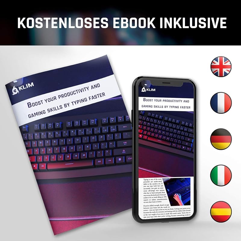 KLIM Light V2 Vezeték Nélküli Gamer Billentyűzet QWERTZ - Lapos, Ergonomikus, Vízálló, RGB Háttérvilágítás, PC/Mac/PS4/PS5 Kompatibilis, Hos