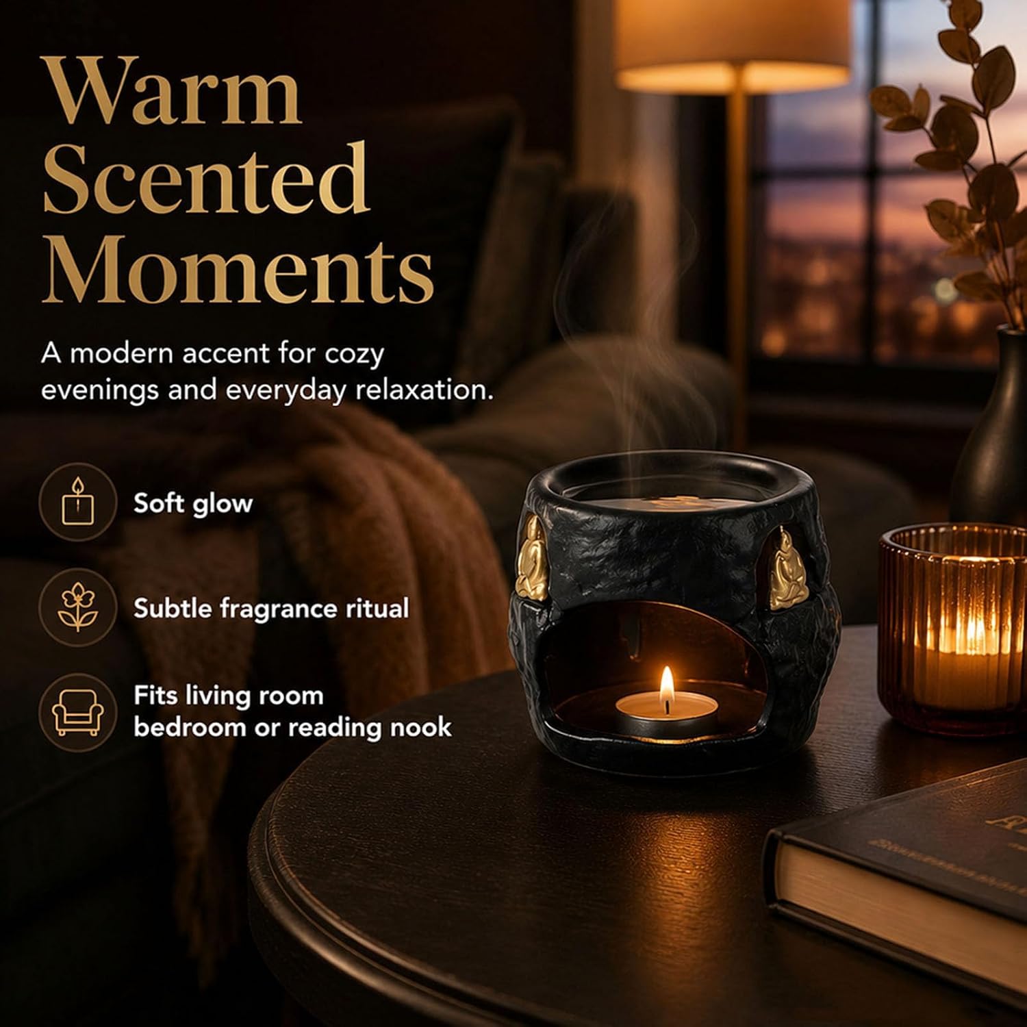 Black Ceramic Oil Burner, Stone Textured Essential Oil Warmer for Tea Light Candle, Fragrance Holder, Decorative Wax Melt Burner for Home Bathroom Bedroom Office Tabletop Decor