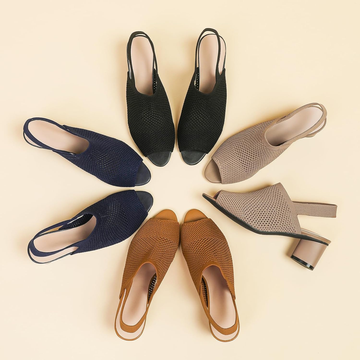 Women's Knit Peep Toe Slingback Chunky Heeled Sandals with Ankle Strap Fashion Open Pointed Toe Cut Out Slip On Backless High Heels Summer Casual Work Office Wedding Dressy Pumps - Image 4