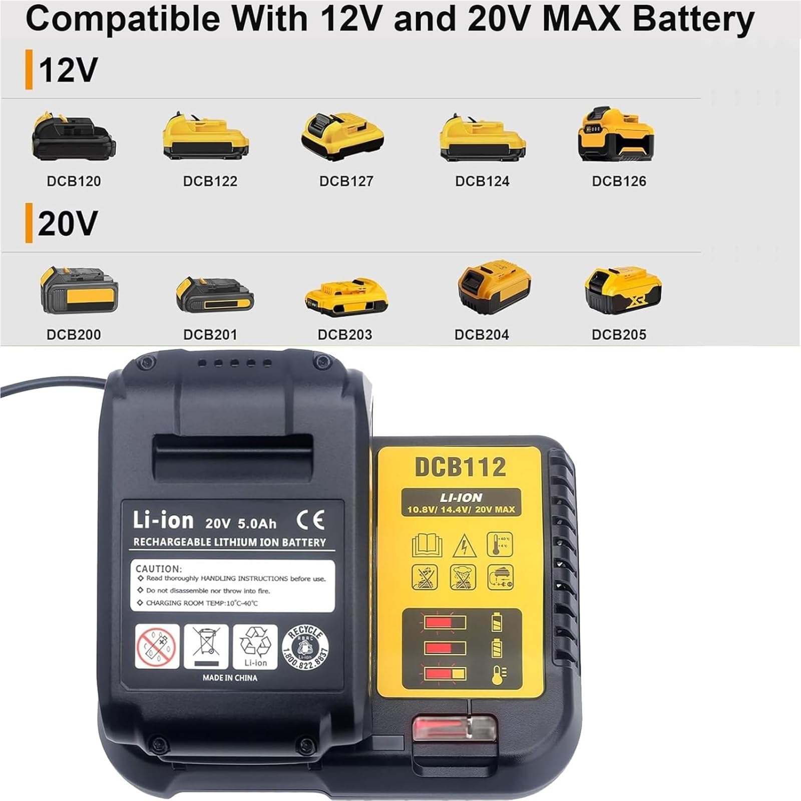 Caricabatterie Rapido DCB112 12V-20V Compatibile con - Dewalt Max Batterie agli Ioni di Litio DCB184 DCB200 DCB182 DCB180 DCB181 DCB112 DCB201(EU Plug)