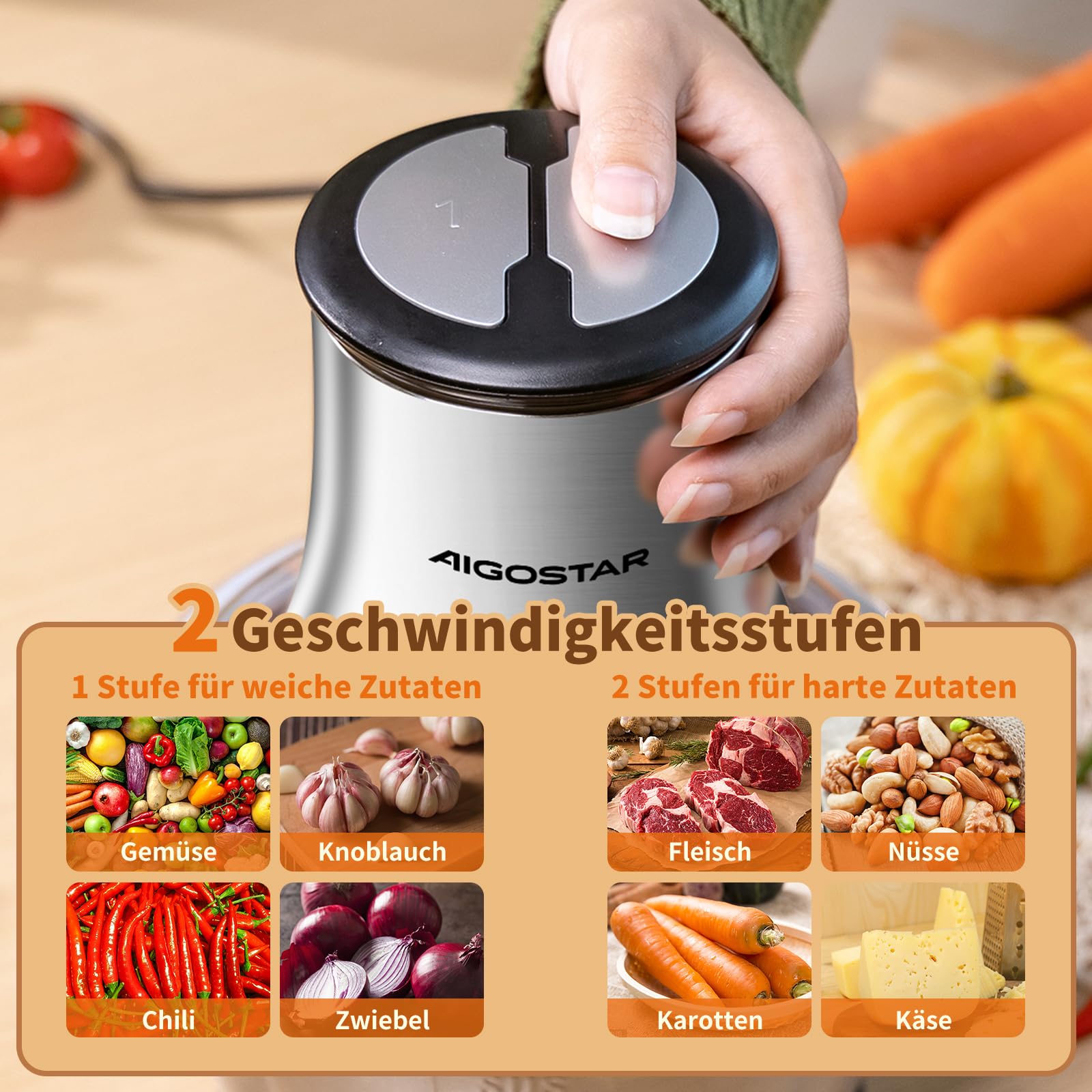 Aigostar Flor Zerkleinerer küche elektrisch 500W, Multizerkleinerer elektrisch mit 1.8L Edelstahl-Schüssel, 4 Edelstahlklingen, 2 Geschwindigkeiten für Fleisch, Gemüse, Nüsse