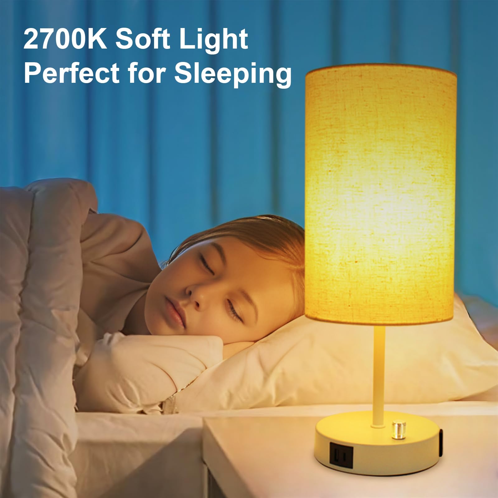 LTBLIGHT Nachttischlampe mit USB-Anschluss und AC-Steckdose, 3-fach dimmbar, Nachttisch-Schreibtischlampe, kleine Lampe, weißer Sockel, runder Flachsstoffschirm für Wohnzimmer, Schreibtisch (7 W, 800