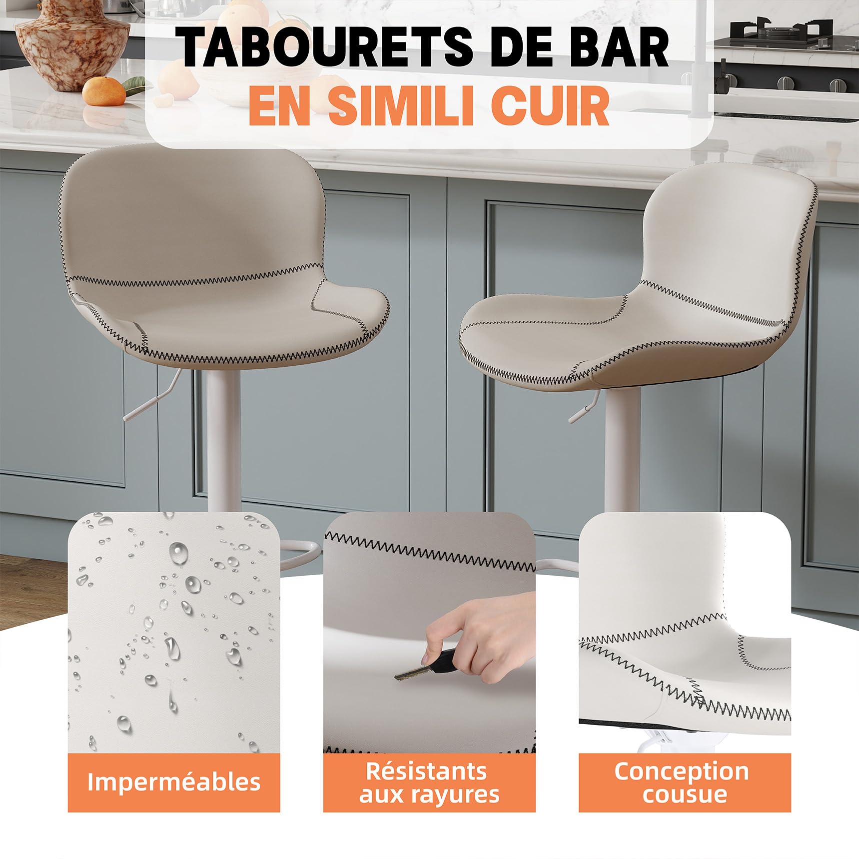 Youhauchair Tabouret Bar, Tabouret de Bar Réglable en Hauteur en Cuir PU, Chaise de Bar avec Dossier et Repose-Pieds, Chaise Haute Cuisine Pivotant, Moderne, Blanc