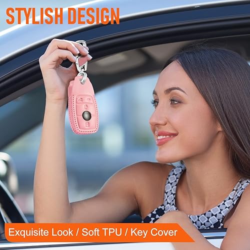 Miniatura 8 de Slohif Accesorios para funda de llavero de cuero Benz para Mercedes GLC 300 GLB 250 GLE350 4 botones funda de cuero  anillo en D  gancho negro