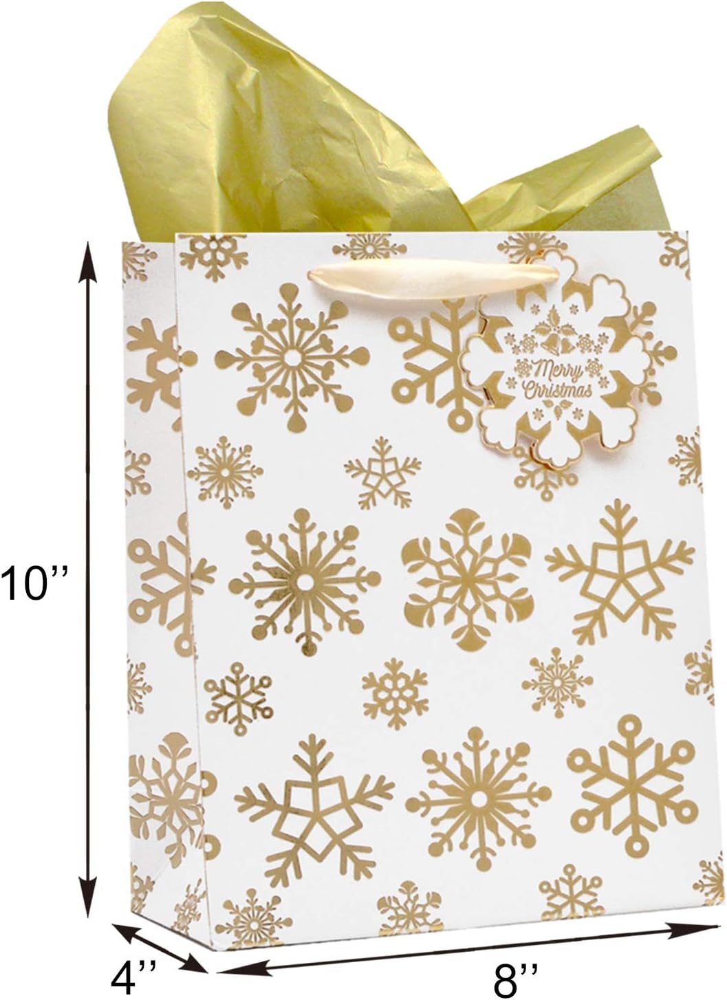 One-Day Sale: Up to 50% Off 12 Pack Christmas Holiday Foil Gold Gift Bags with Tissue Papers and Name Card Tags; Assorted White Winter Prints for Party Favors Goody Bags, Xmas Presents, Classrooms and Wrapping Stocking Stuffers.