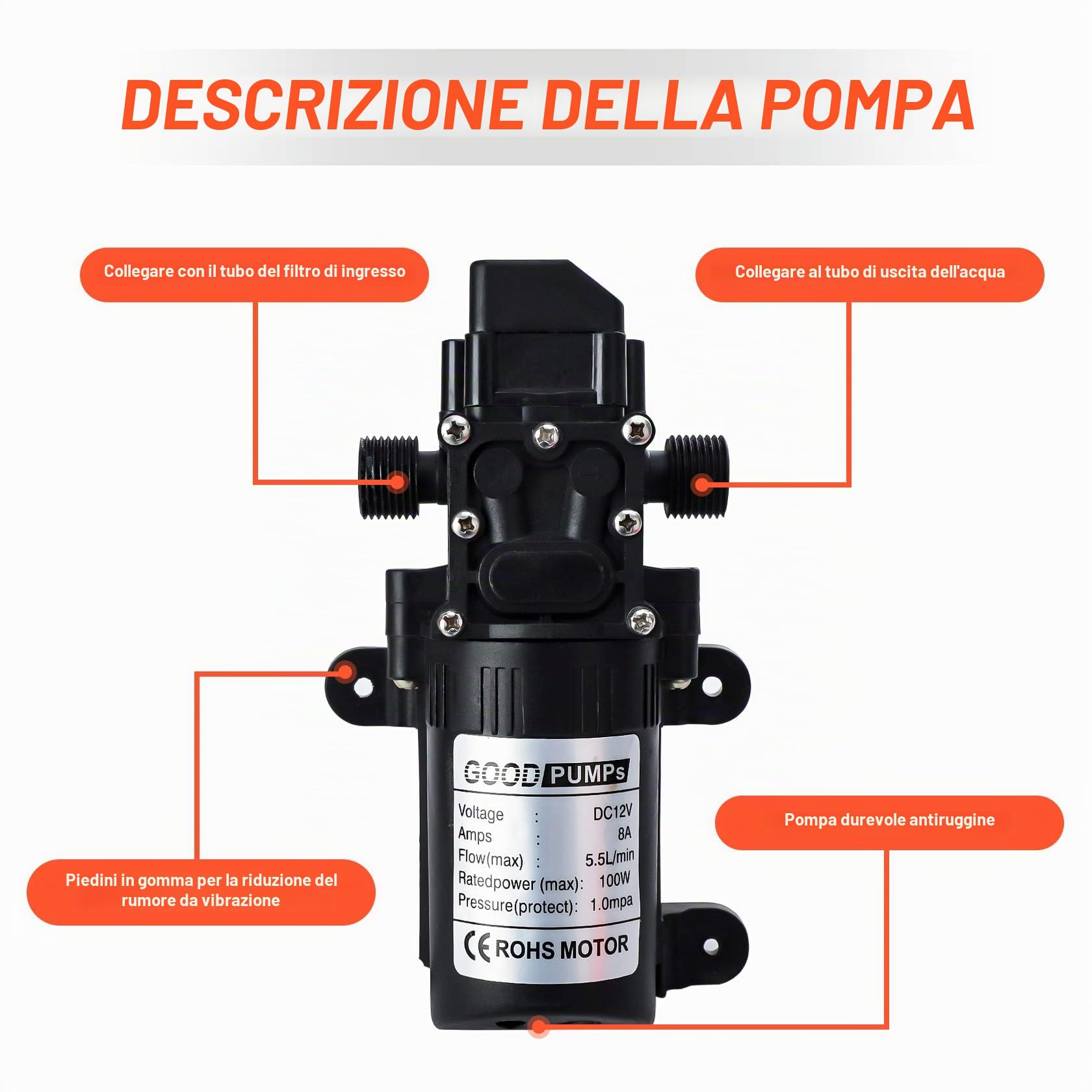 Pindex Pompa Acqua 12 V Autoadescante con Pistola a Spruzzo d'Acqua 100 W, Pompa a Membrana 12 V Per Camper, Campeggio, Barca, Roulotte, Pulizia Auto