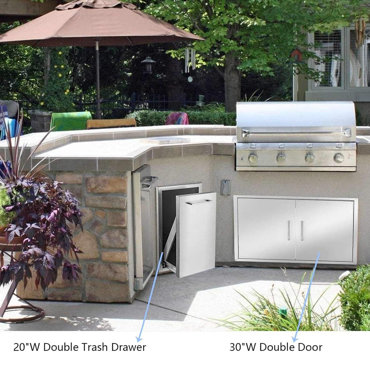 14" W x 27" H x 20" D Outdoor Kitchen Trash Drawer Storage, Pull-Out Tray Stainless Steel Trash Drawer with Handle for Outdoor Kitchen BBQ Island