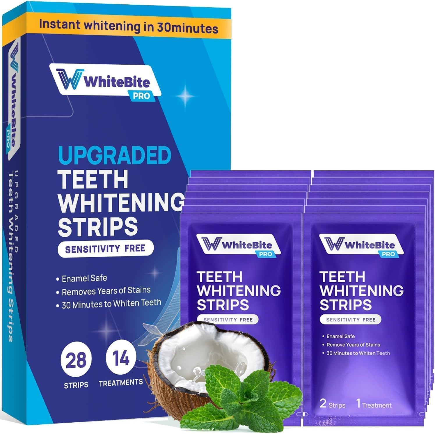 Whitebite Pro Upgraded Teeth Whitening Strips with Purple Design Packaging 28 Strips (14 Treatments) | Enamel-Safe | Deep Stains Removal | Non-Slip Design | Whitening Without Any Harm | Mint