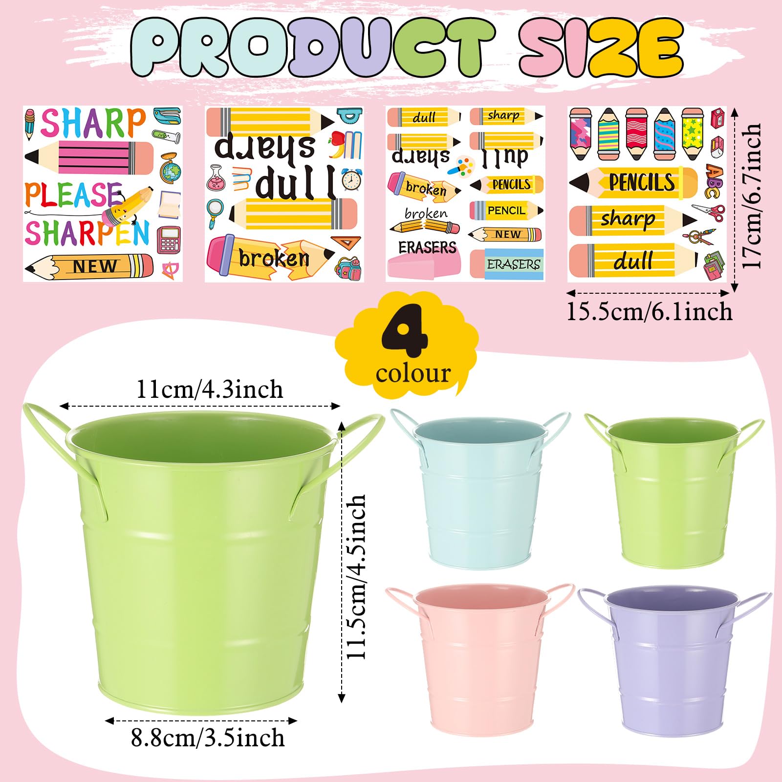 Maxcheck 4 cubos de metal afilados y opacos para aula, coloridos cubos de metal con 4 cubos de metal con mango para suministros de organización de gestión de profesores (pastel)
