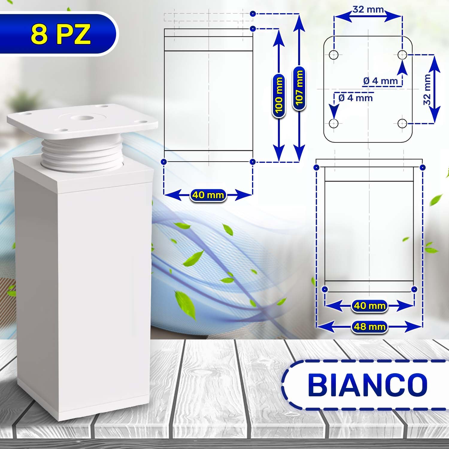 MONTERAL 8 Pezzi Piedini per Mobili Regolabili 100 mm Estensibili a 107 mm Profilo 40x40 mm - Piedini Regolabili per Mobili di Colore Bianco Realizzata in Alluminio - Garanzia di 10 Anni