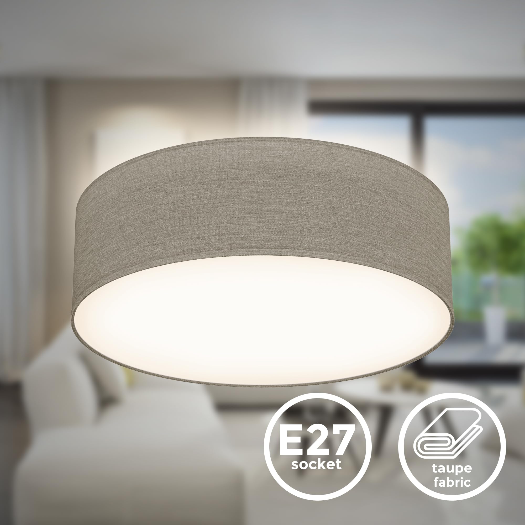 B.K.Licht - Deckenlampe mit Lampenschirm aus Stoff, Taupe, E27 Fassung, max. 40 Watt, 300mm, Deckenleuchte, Lampe, Wohnzimmerlampe, Schlafzimmerlampe, Küchenlampe, Deckenbeleuchtung, 30x10cm