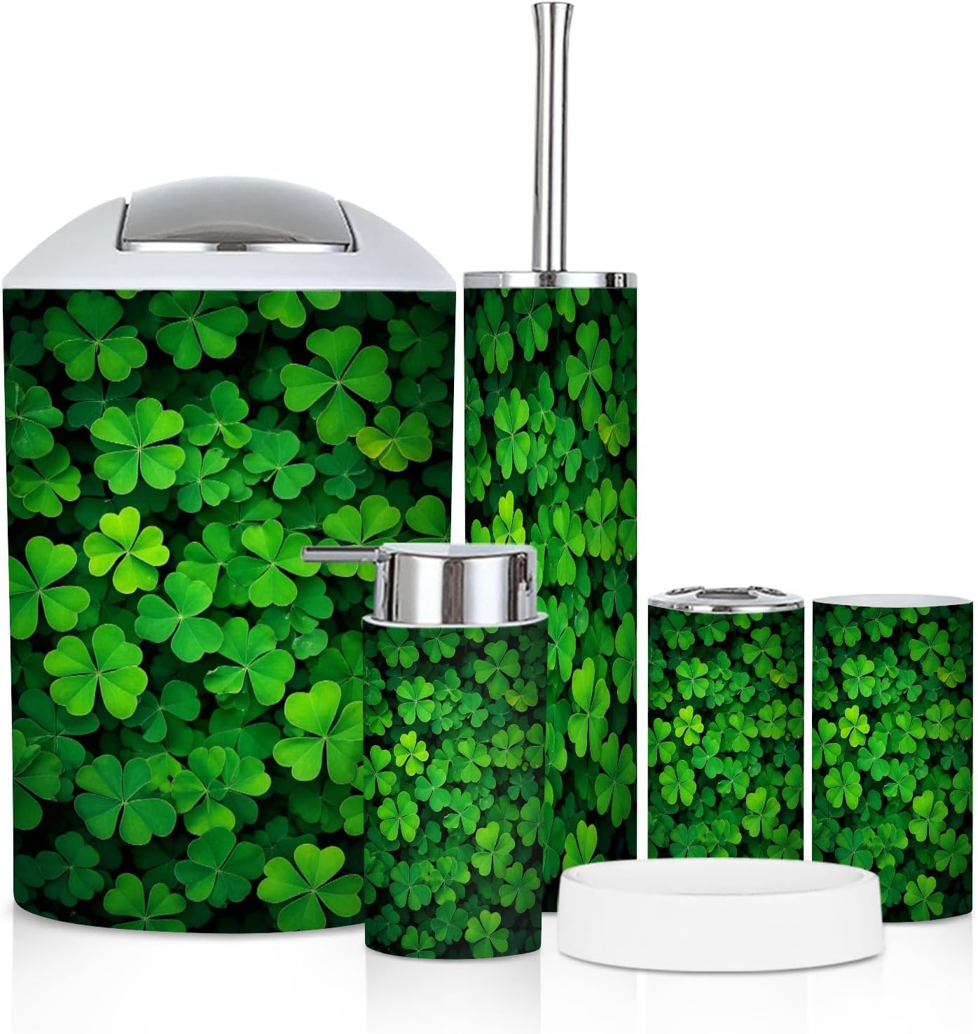 Bathroom Accessory Set 6 Piece st Patrick's Day Vibrant Green Clover Leaves Natural Botanical Trash can, Toothbrush Holder, Soap Dispenser, Soap Dish, Toothbrush Cup, Toilet Brush Holder