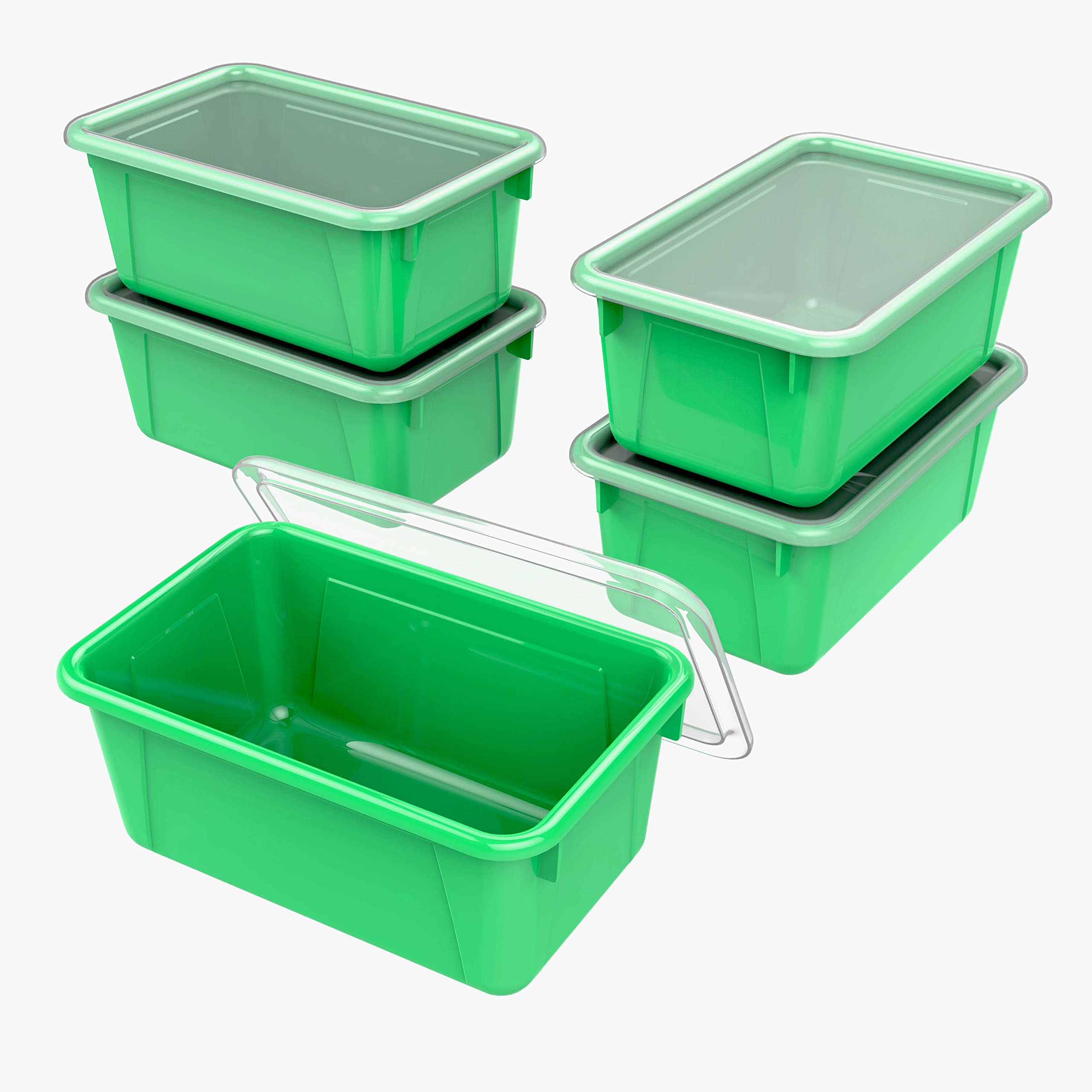 Photo 1 of Storex Small Cubby Bins – Plastic Storage Containers for Classroom with Non-Snap Lid, 12.2 x 7.8 x 5.1 inches, Green, 5-Pack (62409U05C) Green 12.2" x 7.8" x 1" Bin with Lid