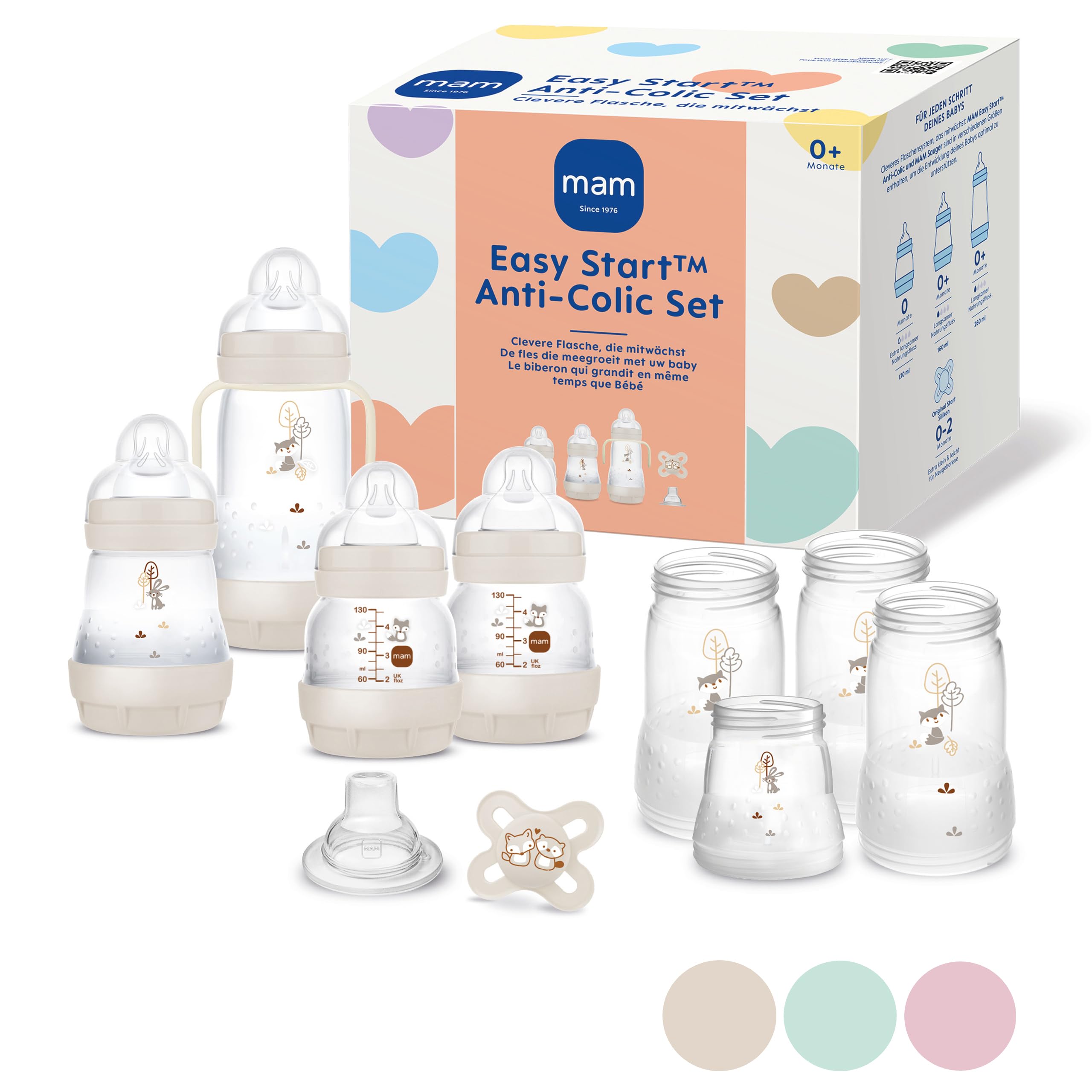 MAM Easy Start Anti-Colic Starter Set, mitwachsende Baby Erstausstattung mit Schnuller, Flaschen & Griffen, Baby Geschenk Set, ab Geburt, beige