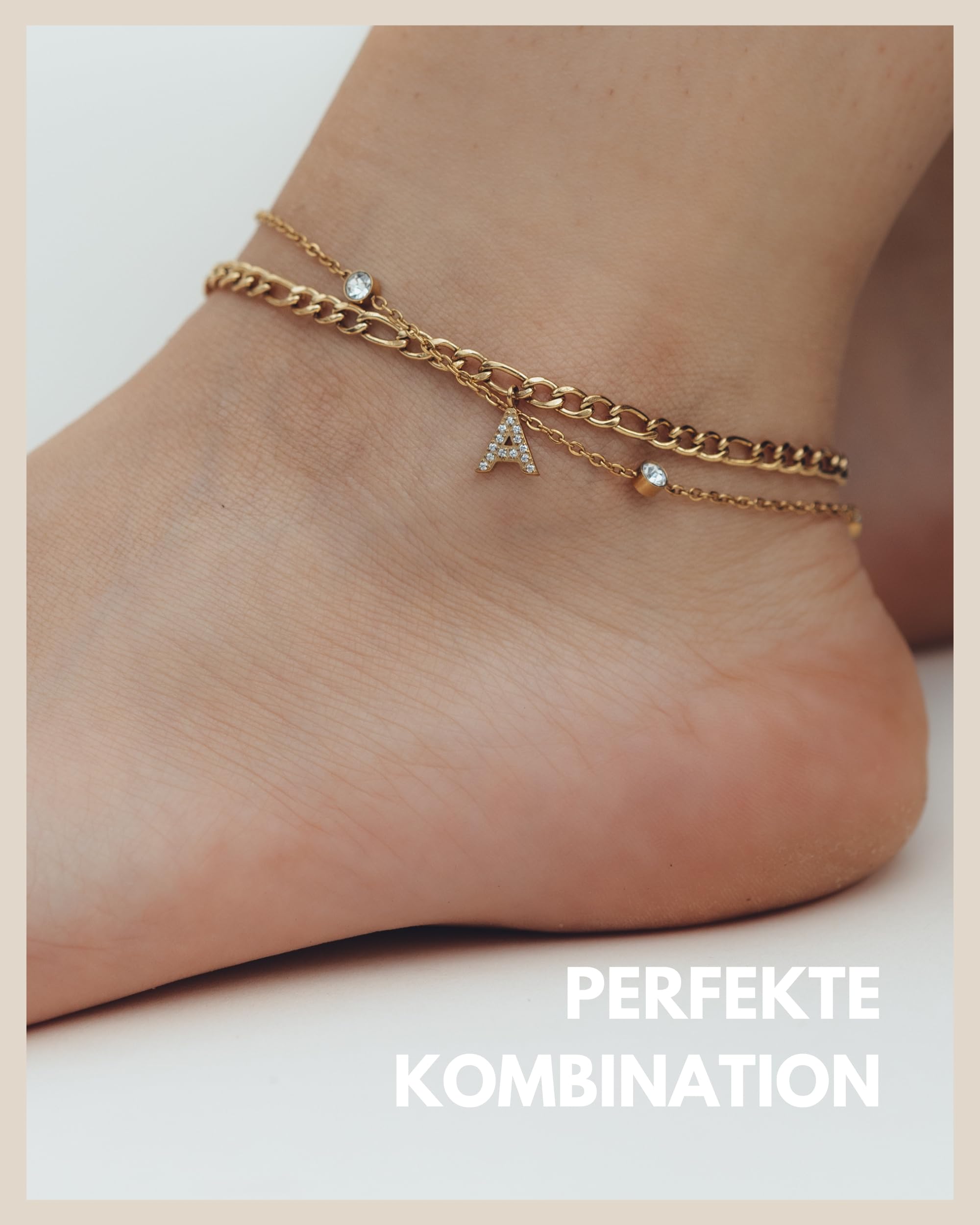 Gd. GOOD.designs EST. 2015 Zirkonia Fußkette für Damen wasserfest I Fußkettchen verstellbar (22-27cm) aus Edelstahl in 18K Gold und Silber I Frauen Fußschmuck mit funkelnden Dots