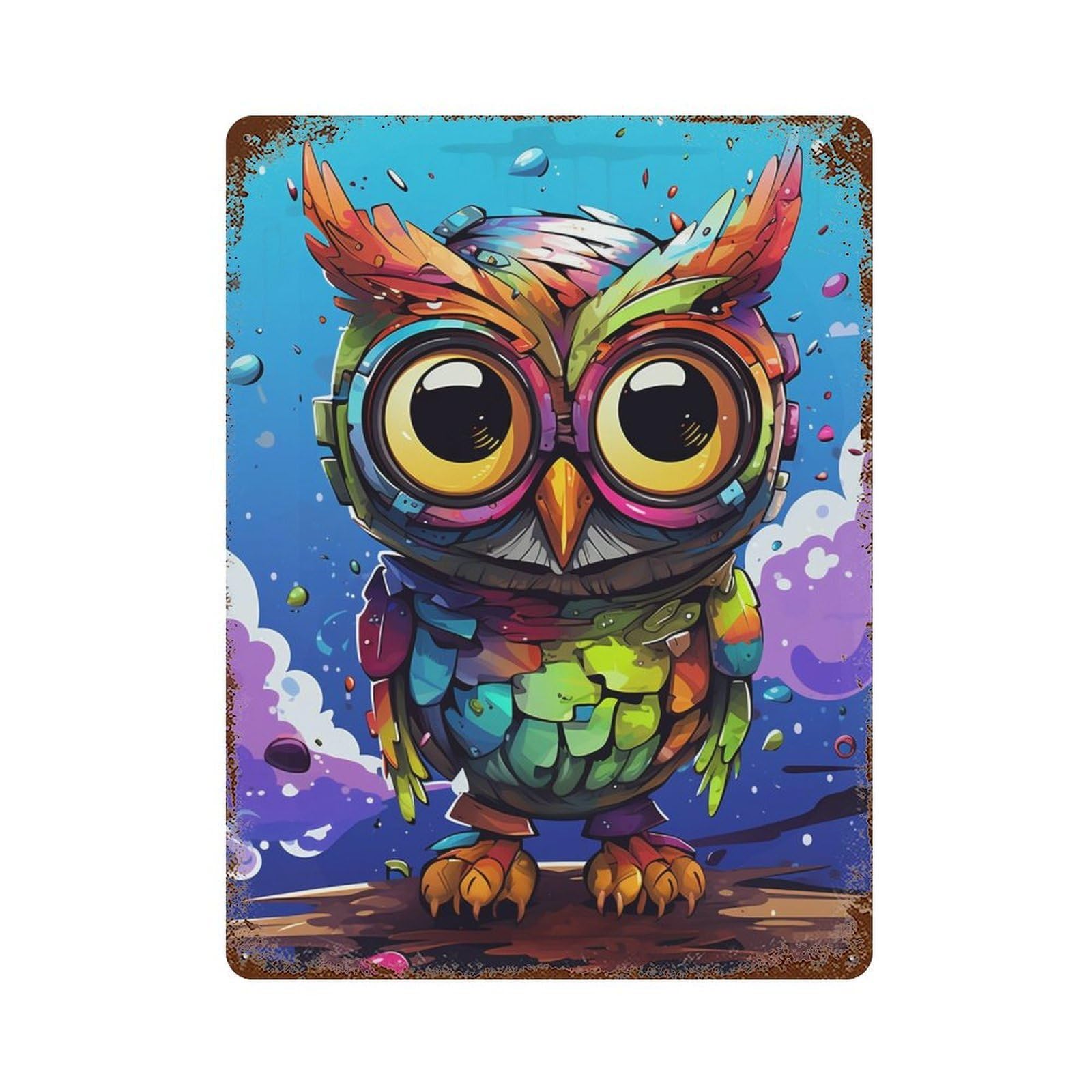 Colorful Rainbow Owl Art-1 15.7"x11.8" Vintage Rust Metal Sign, Decorative Metal Wall Art for Bistro, Counter And Cafe Decor